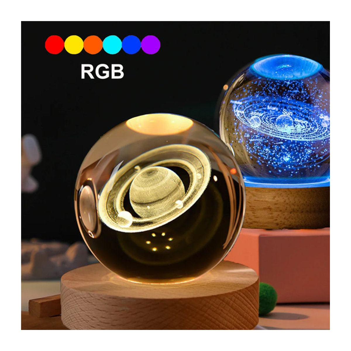 HPH 3D Kristall-Kugelleuchte Sternenhimmel mit Globus und Sonnensystem, transparentes Glas mit Holzsockel, warmweißes Licht zur Dekoration - Bild 1