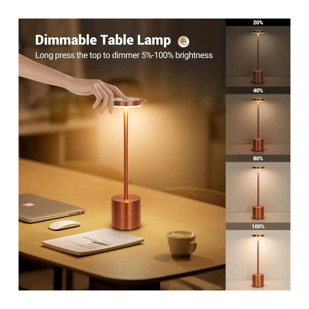HPH LED Tischlampe aus Metall in Weiß, kabellose Touch-Lampe mit USB-Ladefunktion für Bar, Restaurant und Hotelzimmer - Bild 2