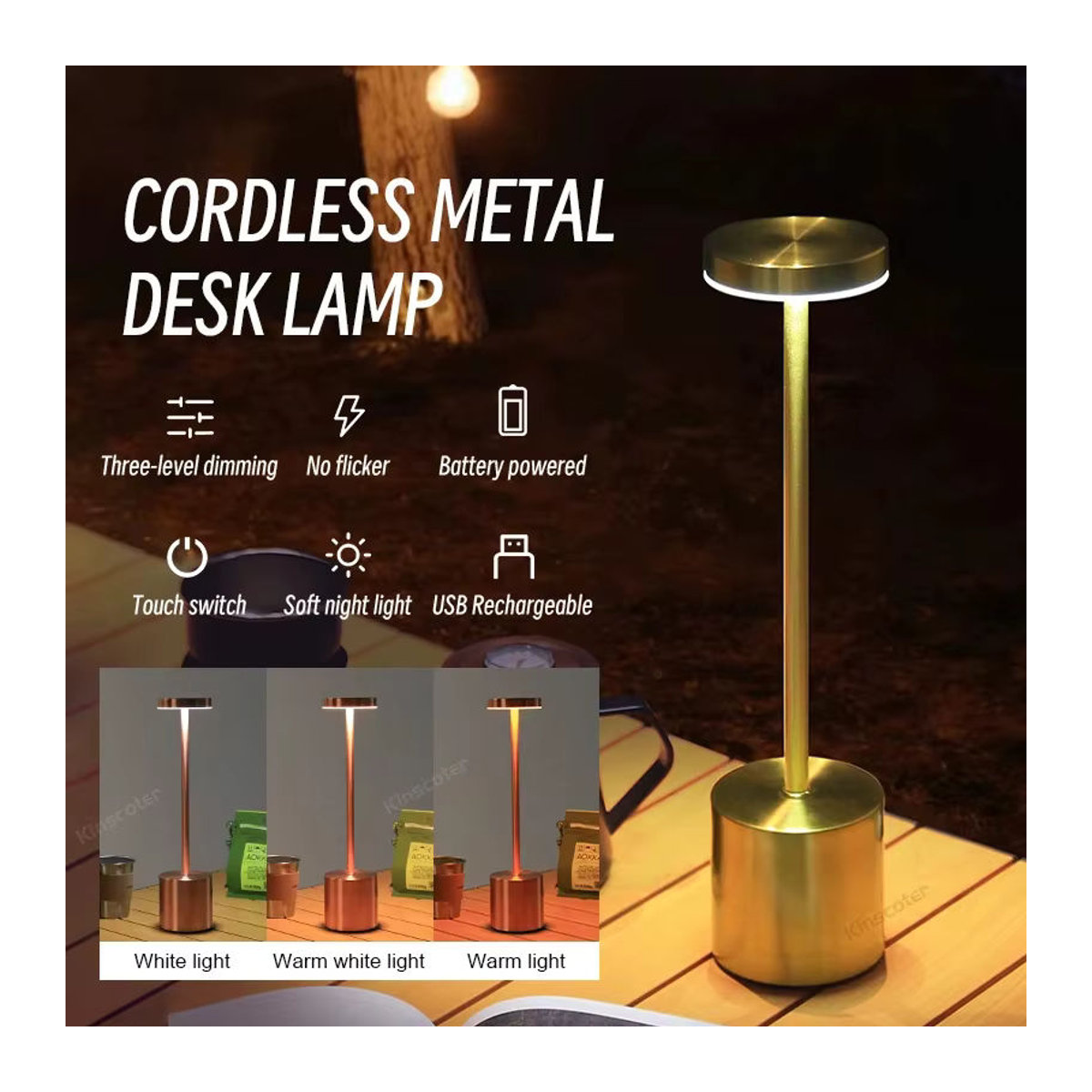 HPH LED Tischlampe aus Metall in Weiß, kabellose Touch-Lampe mit USB-Ladefunktion für Bar, Restaurant und Hotelzimmer - Bild 4