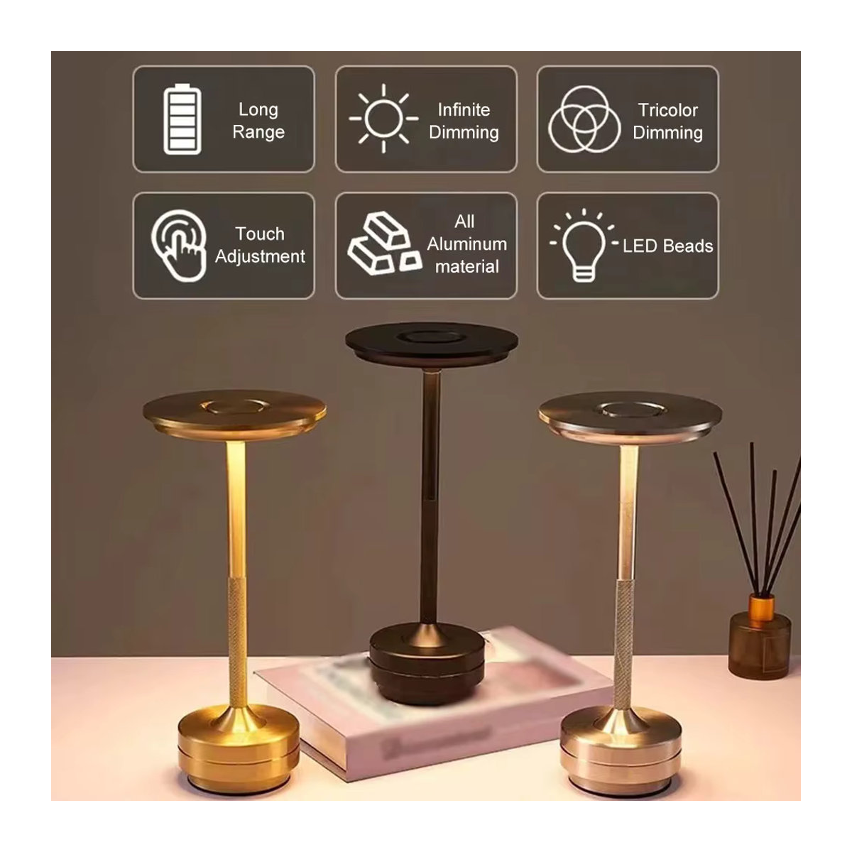 HPH LED Tischlampe in Schwarz aus Aluminium mit Retro-Design, dimmbar und aufladbar per USB - Bild 2