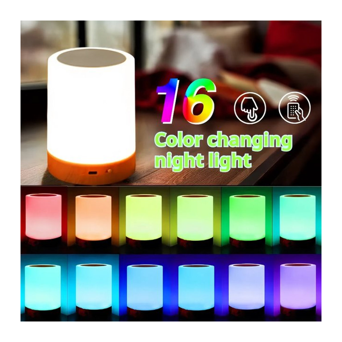 HPH RGB LED Nachtlicht mit 16 Farbwechseln, Touch-dimmbare und wiederaufladbare Nachttischlampe in Bunt mit Holz-Design und Fernbedienung - Bild 1