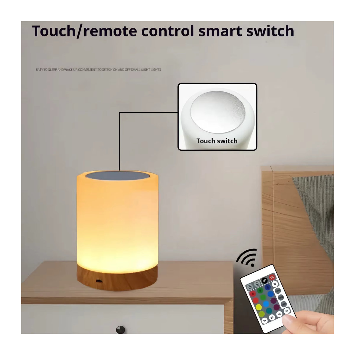 HPH RGB LED Nachtlicht mit 16 Farbwechseln, Touch-dimmbare und wiederaufladbare Nachttischlampe in Bunt mit Holz-Design und Fernbedienung - Bild 2