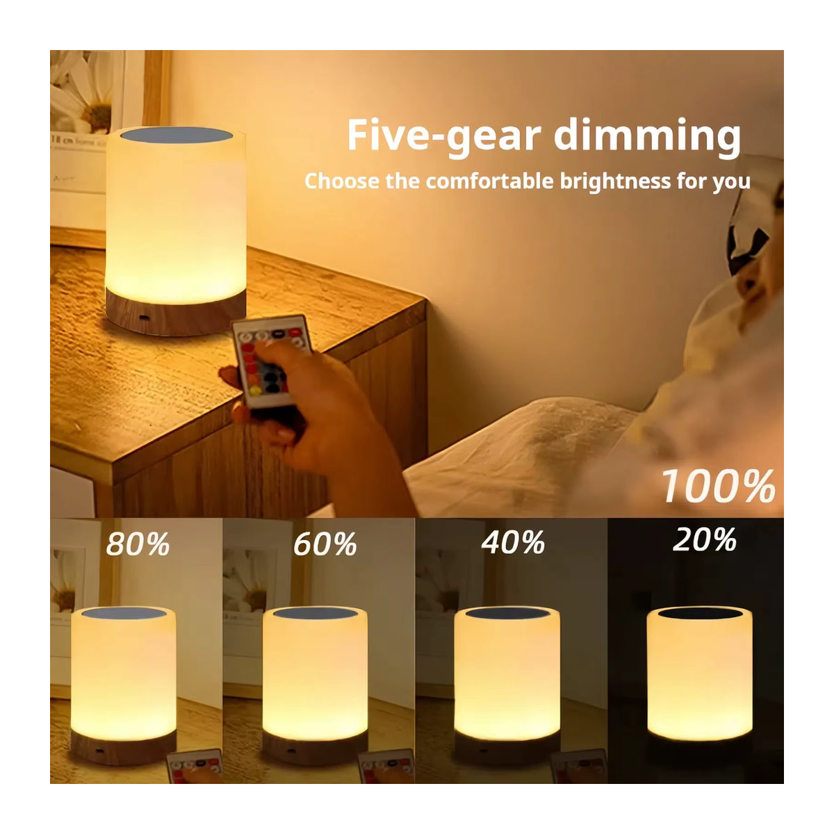 HPH RGB LED Nachtlicht mit 16 Farbwechseln, Touch-dimmbare und wiederaufladbare Nachttischlampe in Bunt mit Holz-Design und Fernbedienung - Bild 5