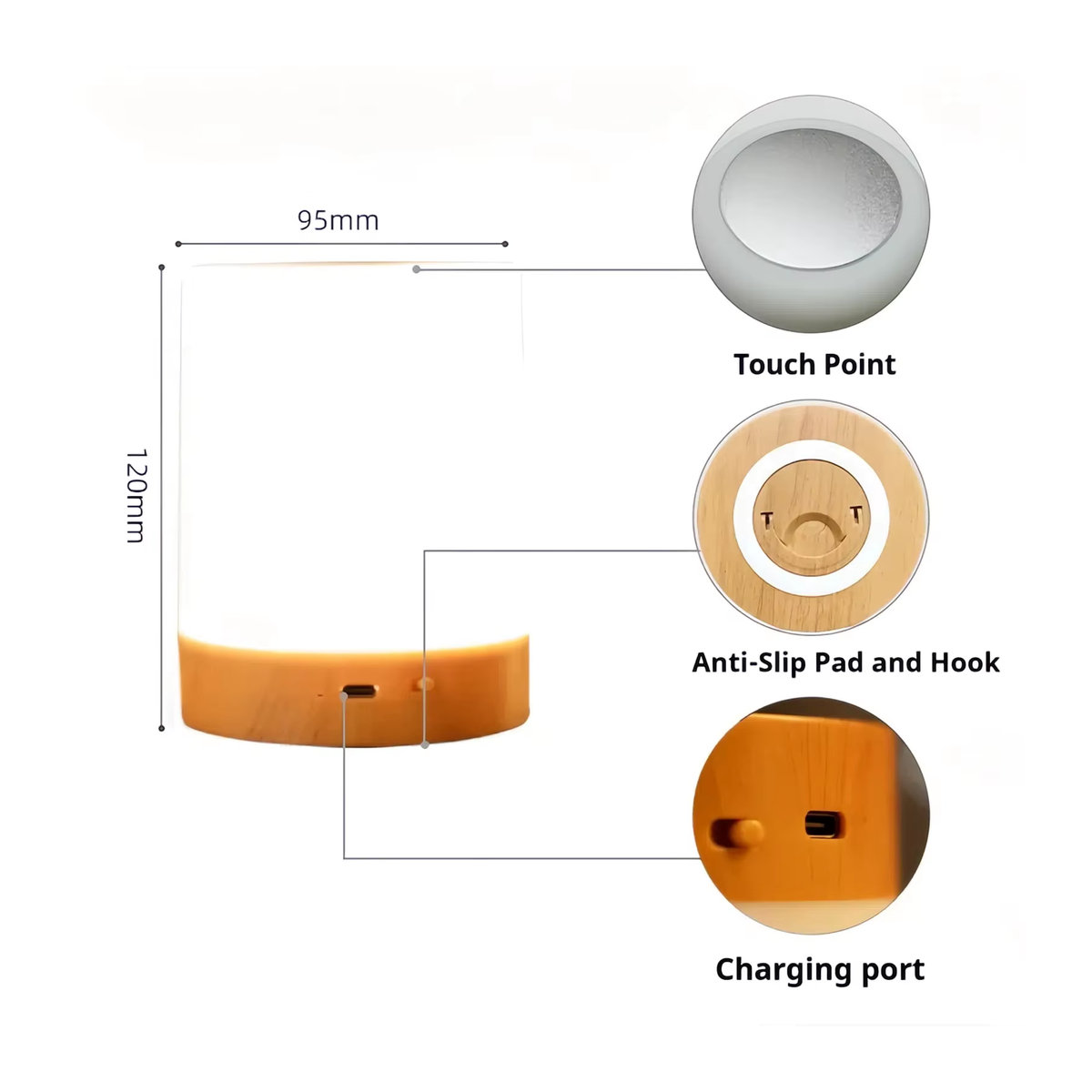 HPH RGB LED Nachtlicht mit 16 Farbwechseln, Touch-dimmbare und wiederaufladbare Nachttischlampe in Bunt mit Holz-Design und Fernbedienung - Bild 6