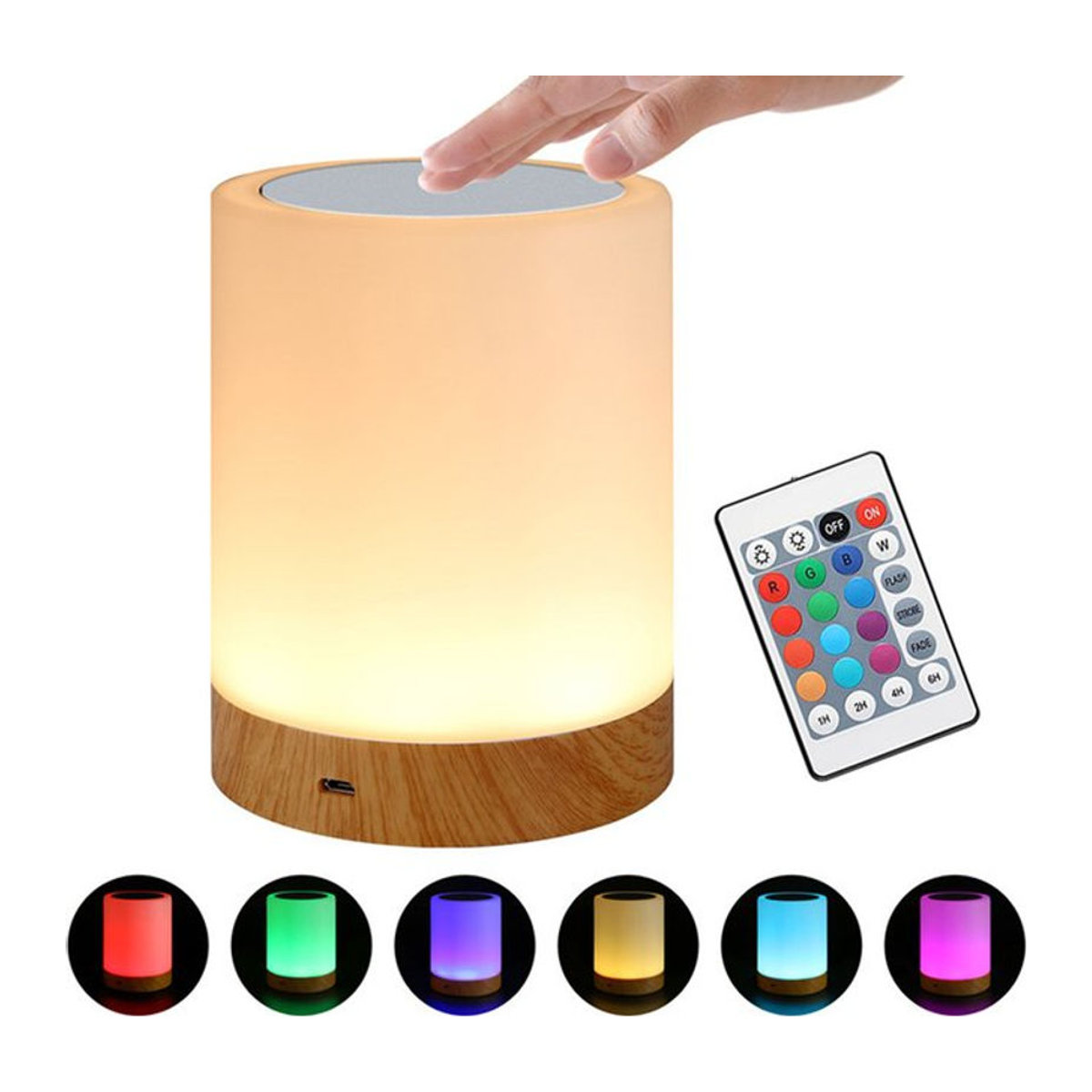 HPH Smart Touch Nachttischlampe mit RGB-Beleuchtung und Holzdesign, wiederaufladbar via USB, bunt und minimalistisch - Bild 1
