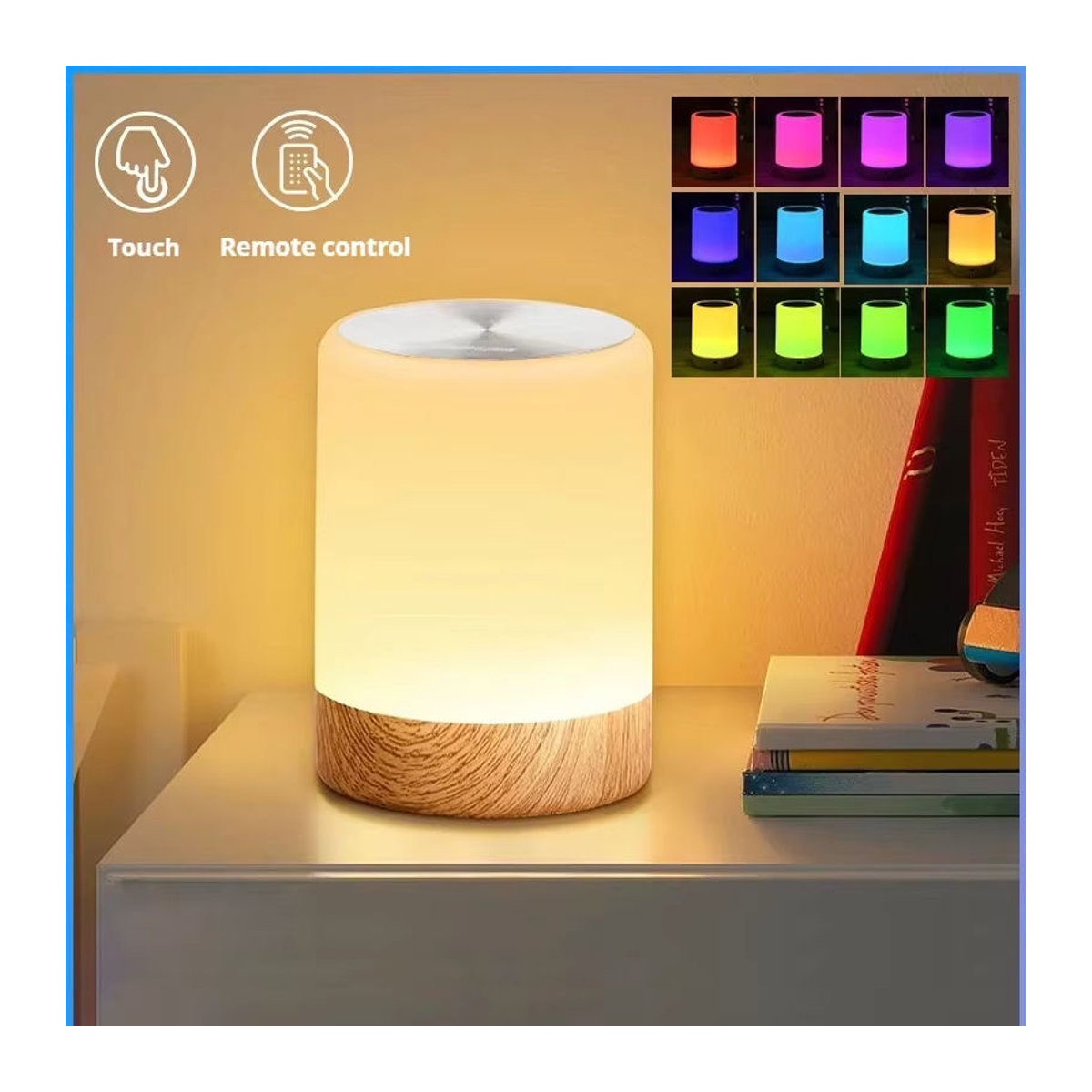 HPH Smart Touch Nachttischlampe mit RGB-Beleuchtung und Holzdesign, wiederaufladbar via USB, bunt und minimalistisch - Bild 3