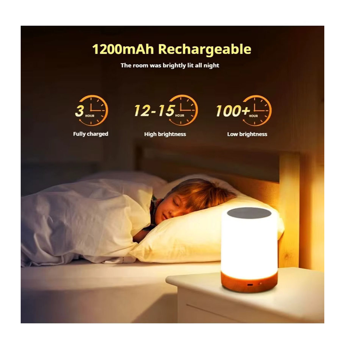 HPH Smart Touch Nachttischlampe mit RGB-Beleuchtung und Holzdesign, wiederaufladbar via USB, bunt und minimalistisch - Bild 4