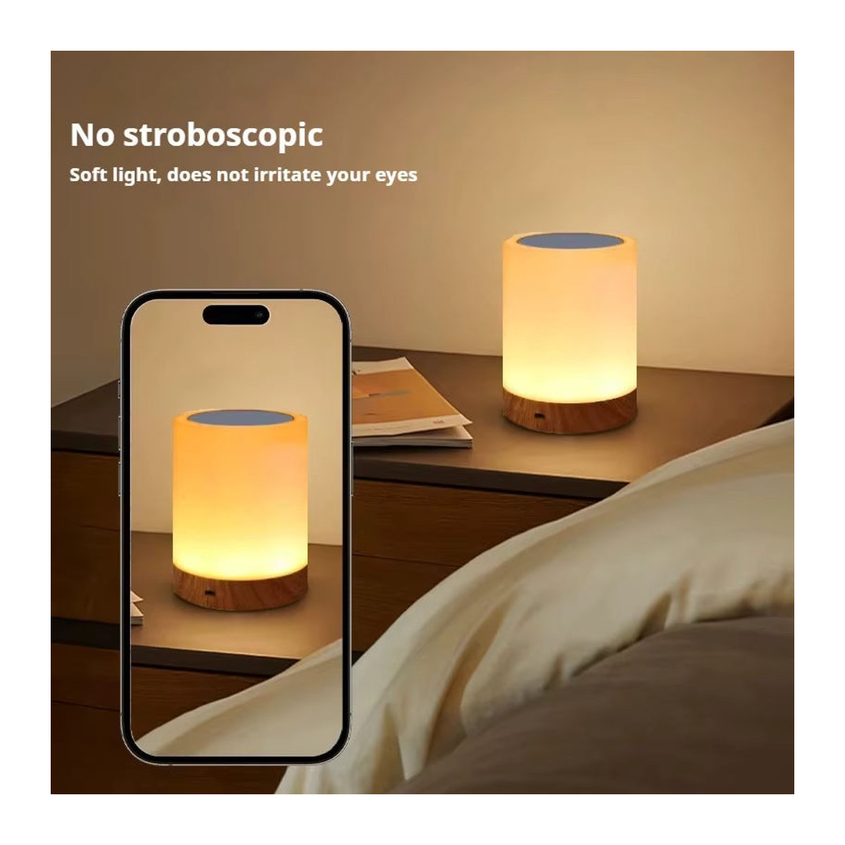 HPH Smart Touch Nachttischlampe mit RGB-Beleuchtung und Holzdesign, wiederaufladbar via USB, bunt und minimalistisch - Bild 5