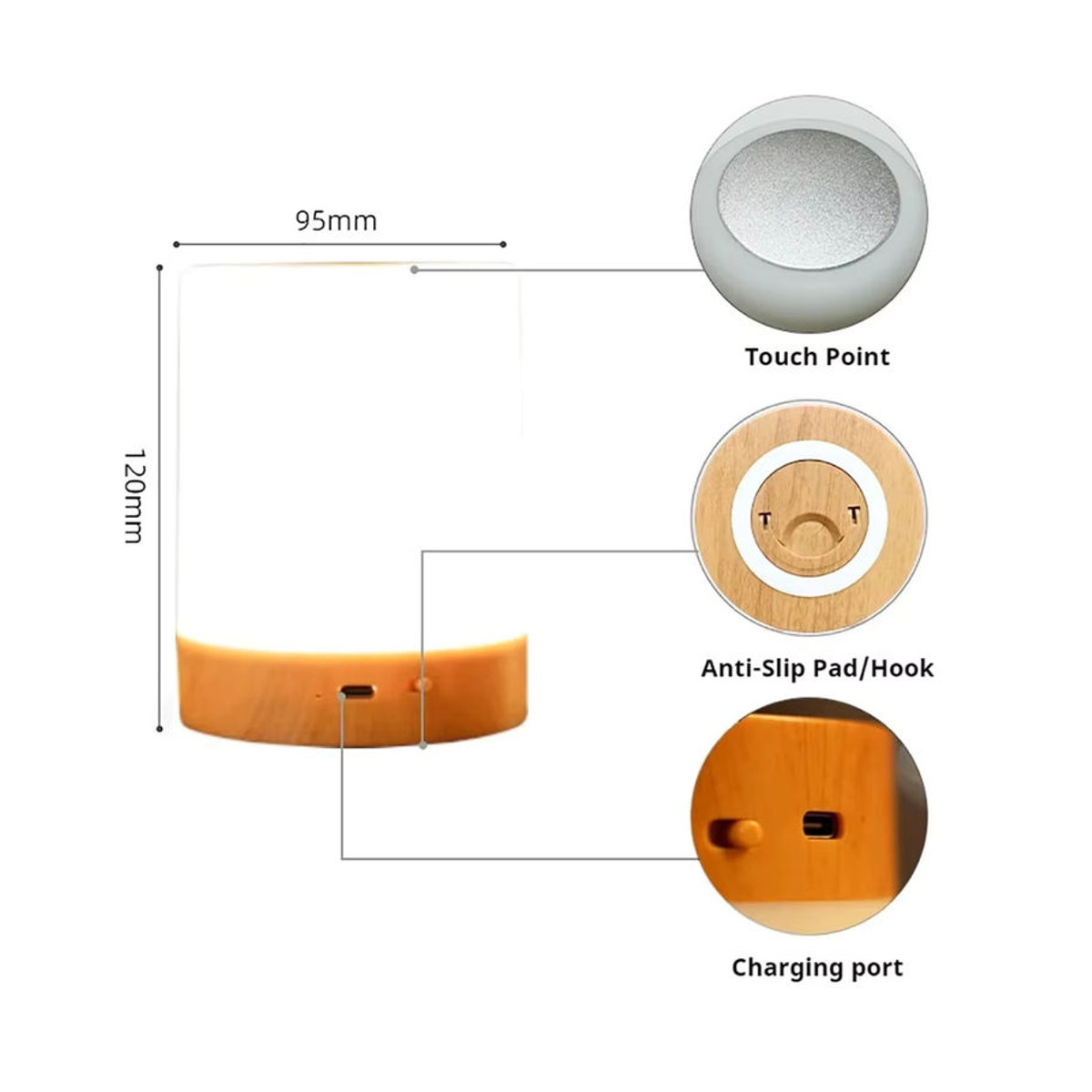 HPH Smart Touch Nachttischlampe mit RGB-Beleuchtung und Holzdesign, wiederaufladbar via USB, bunt und minimalistisch - Bild 6