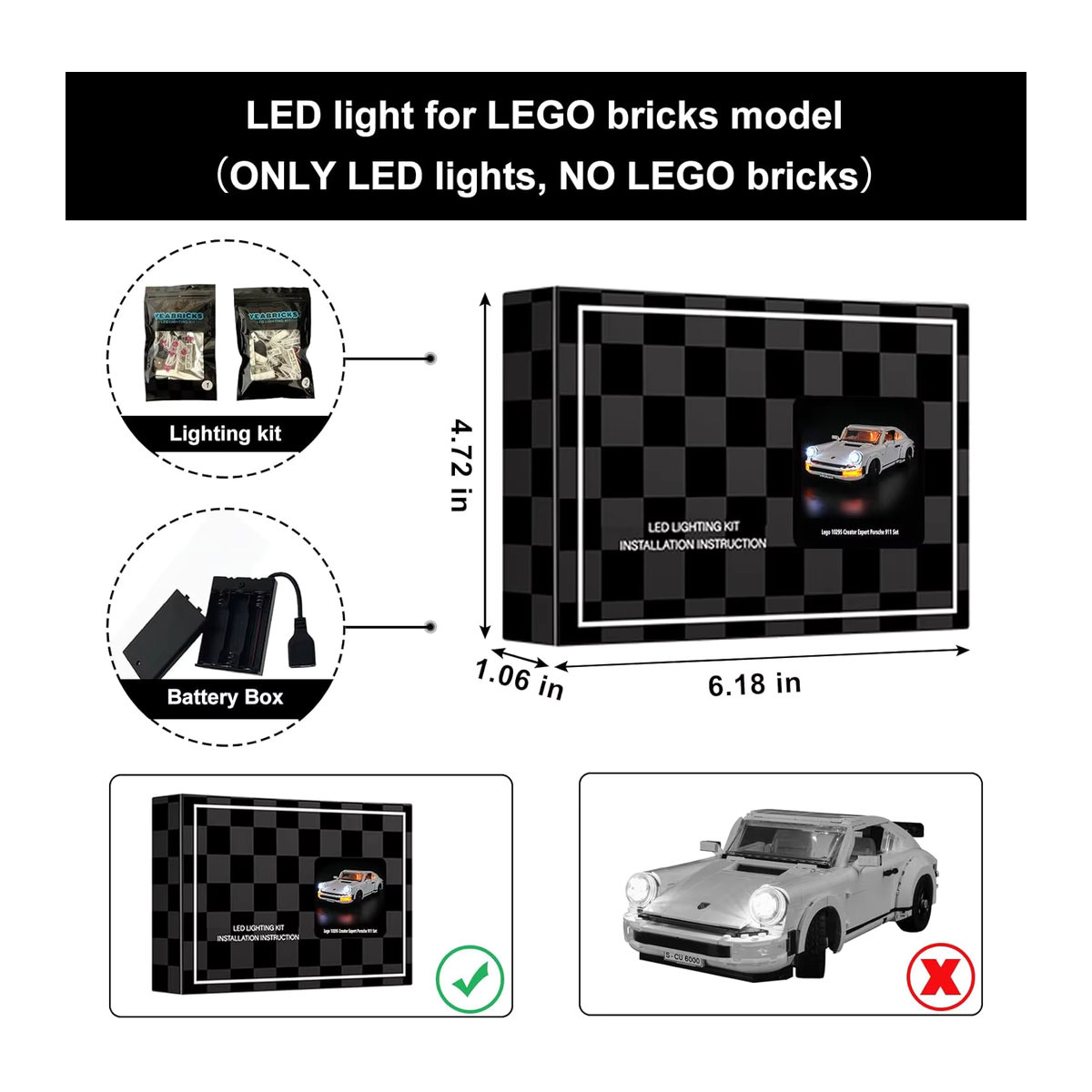 Hprosper LED-Licht für 10295 Creator Expert Porsche 911 Auto-Dekorationslampe mit Batteriekasten in Weiß - Bild 5