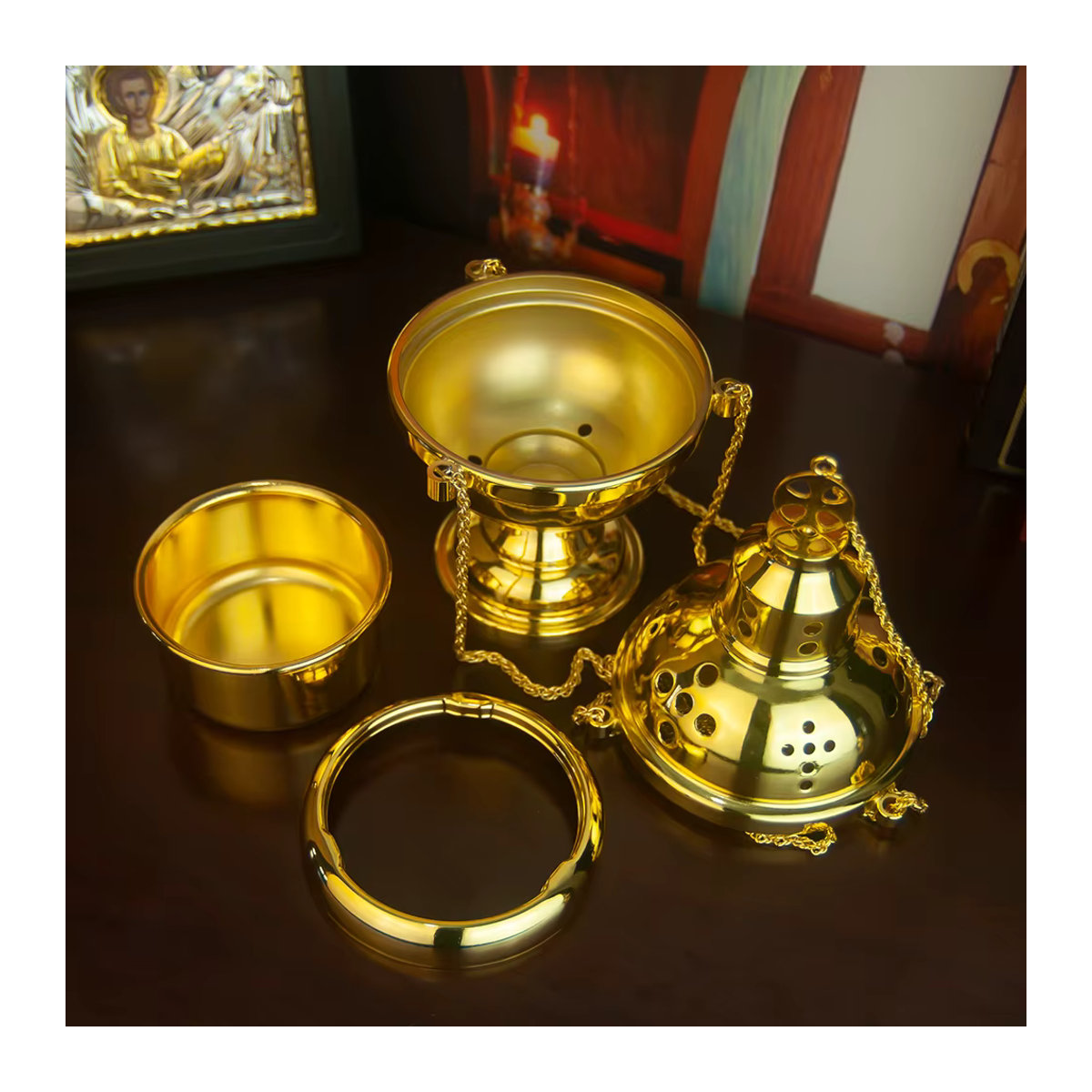 HTISOK Orthodoxes Kirchen-Räuchergefäß aus Metall in Gold, rundes Ritualzubehör für die Kirchendekoration - Bild 2