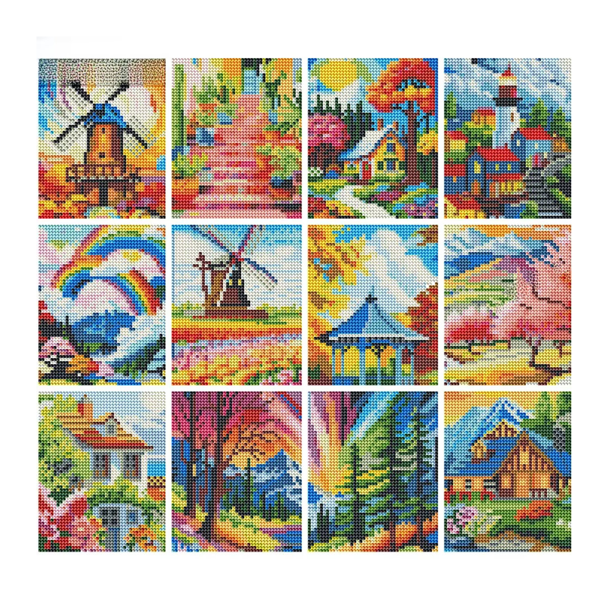 Huacan 12er Set Mini Diamantmalerei Landschaft Windmühle Mosaik Set mit Cartoon Haus in Mehrfarbig - Bild 4