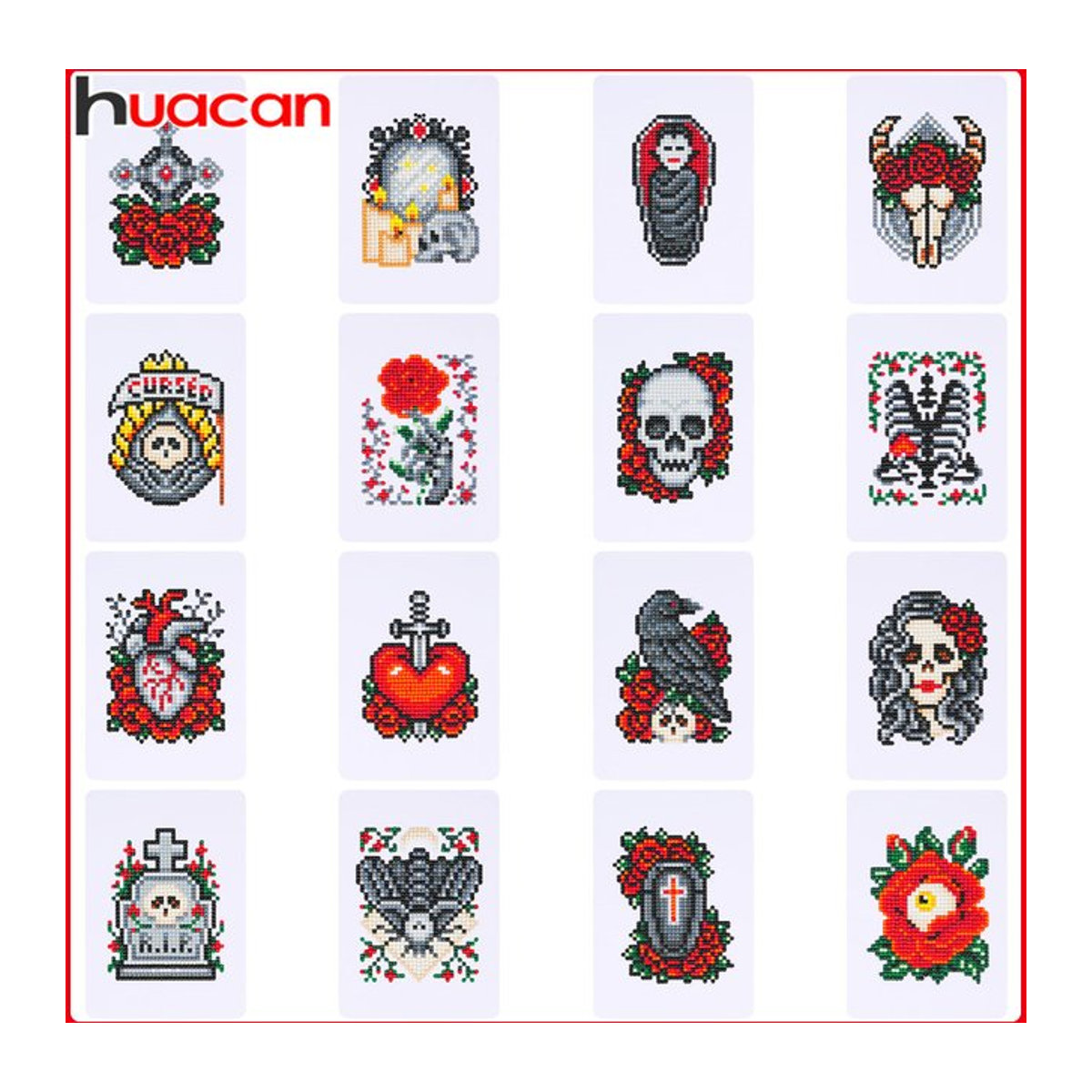 Huacan 16er Set Halloween Diamantgemälde mit Cartoon-Blumen, Totenköpfen und Porträts in Mehrfarbig, Rundes Mosaik zur Wandmontage oder Tischaufstellung - Bild 1