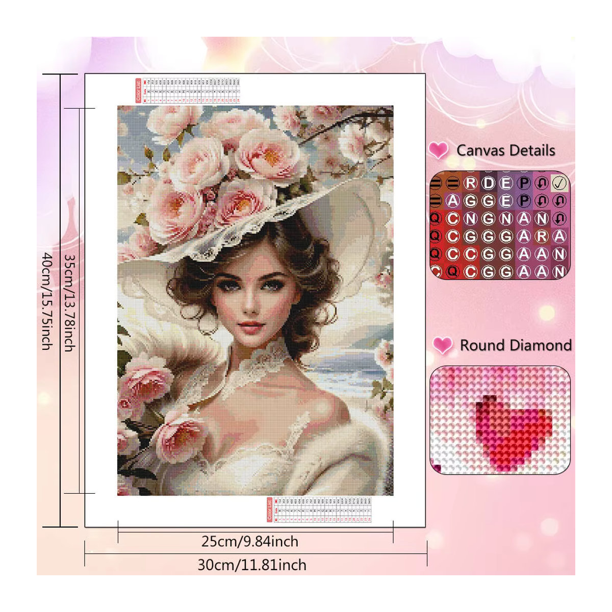HUACAN 5D Diamant Mosaik Wanddekoration Frauen Porträt mit Rosen Blumen, Rund, Mehrfarbig, B/H: 30 x 30 cm - Bild 2