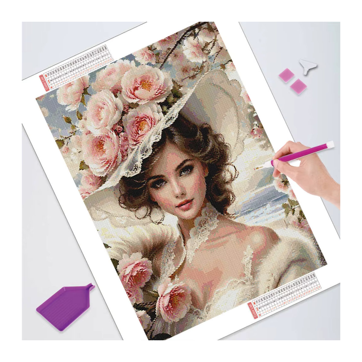 HUACAN 5D Diamant Mosaik Wanddekoration Frauen Porträt mit Rosen Blumen, Rund, Mehrfarbig, B/H: 30 x 30 cm - Bild 3