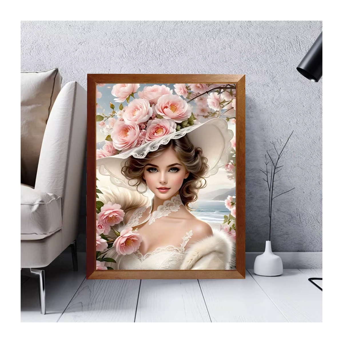 HUACAN 5D Diamant Mosaik Wanddekoration Frauen Porträt mit Rosen Blumen, Rund, Mehrfarbig, B/H: 30 x 30 cm - Bild 4
