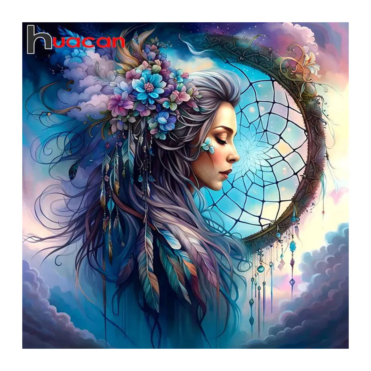 Huacan 5D Diamantmalerei Porträt einer Frau mit Blumen im Bohemian Stil, mehrfarbig, quadratisch - Bild 1