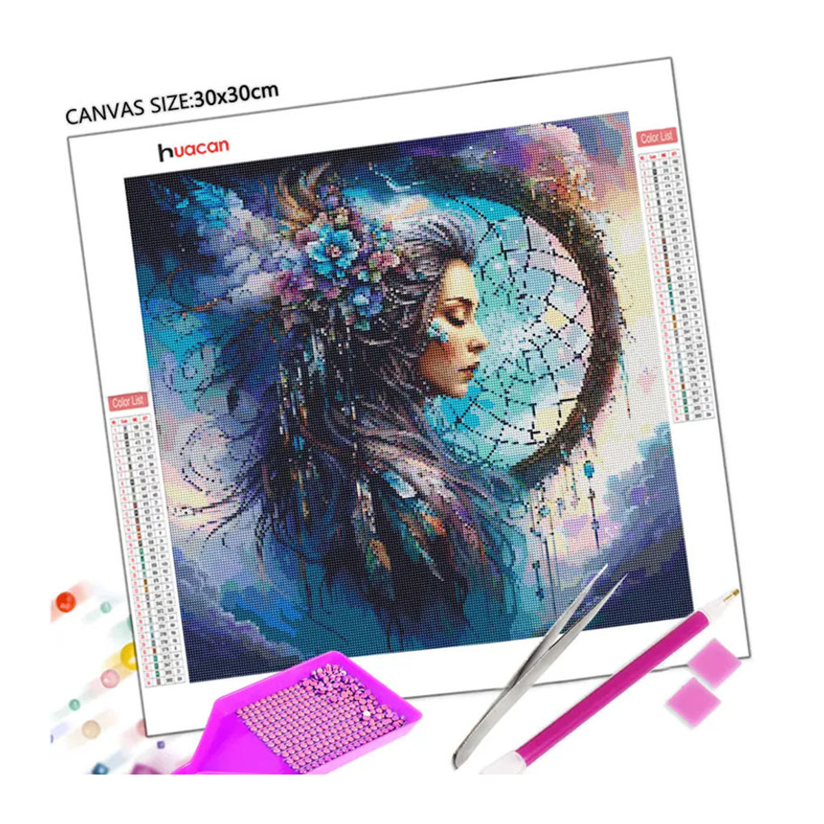 Huacan 5D Diamantmalerei Porträt einer Frau mit Blumen im Bohemian Stil, mehrfarbig, quadratisch - Bild 3