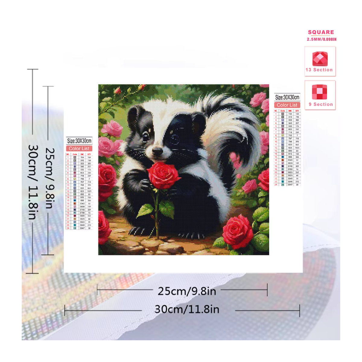 Huacan 5D Diamond Painting Set mit Stinktier und Rosen als Mosaik-Kunstwerk in Mehrfarbig - Bild 2