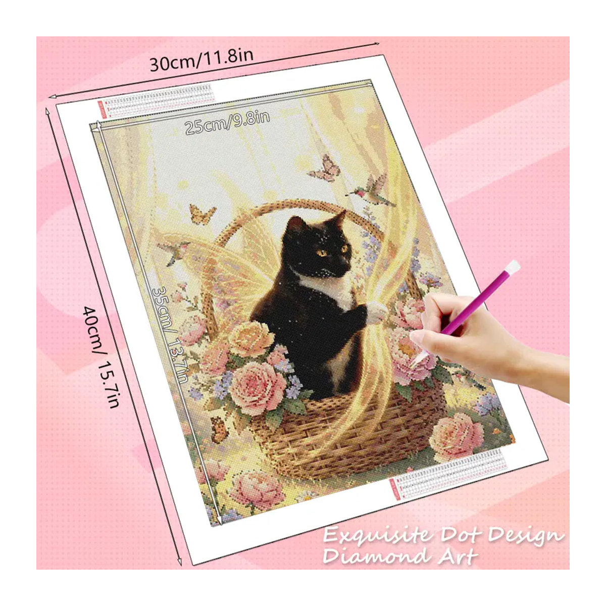 HUACAN 5D DIY Diamantmalerei Katze mit Rose und Pfingstrose als mehrfarbiges Diamantmosaik zur Wanddekoration - Bild 2