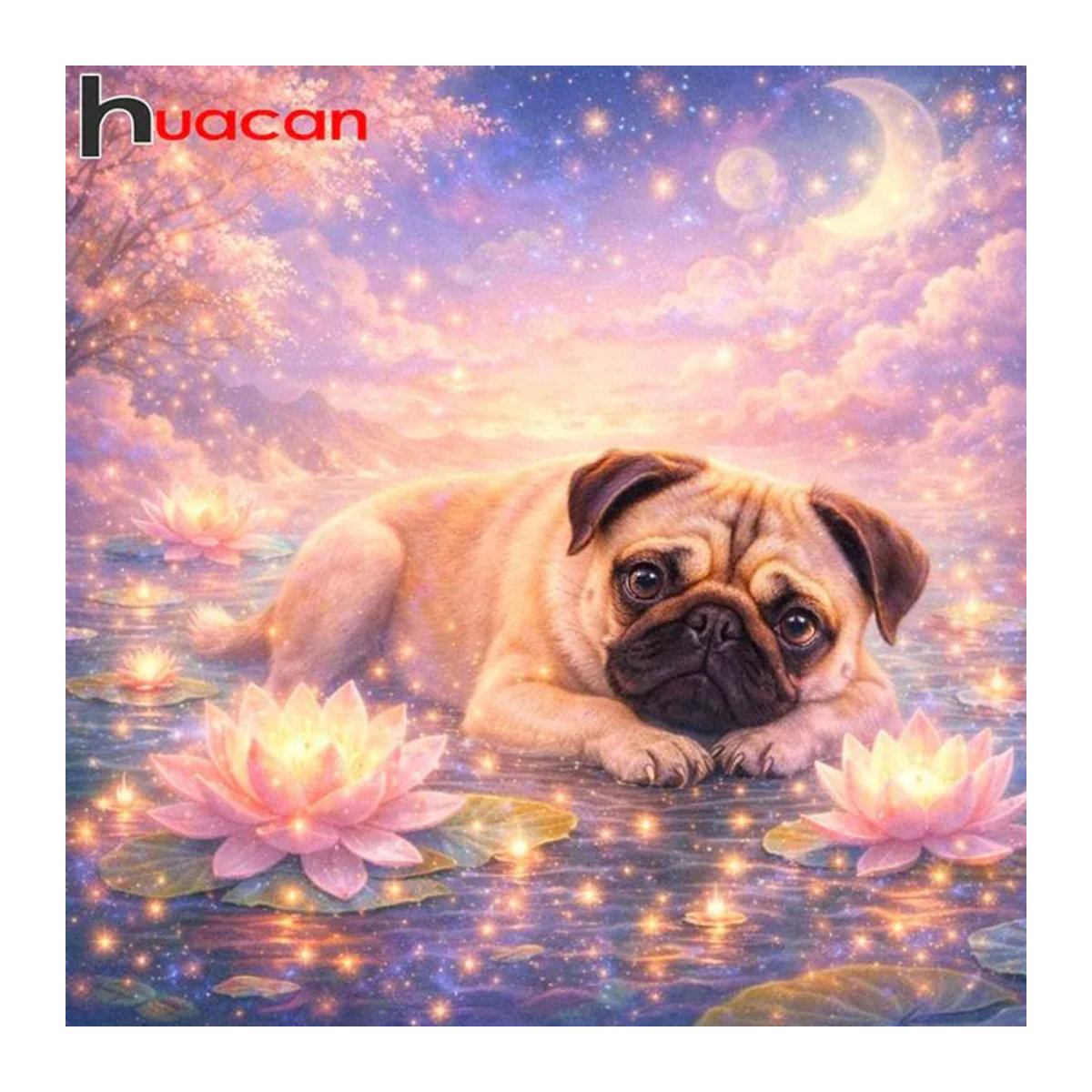 Huacan 5D DIY Diamantmalerei Set Hund und Lotus als mehrfarbiges Mosaik zur Wandmontage für deine Heimdekoration - Bild 1