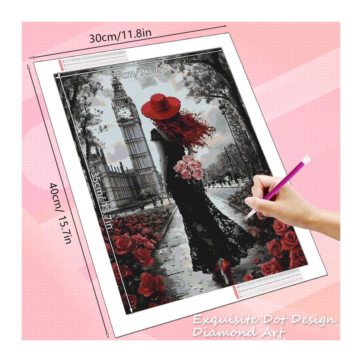 HUACAN Diamant-Gemälde 5D Mosaik-Set mit Mädchen-Porträt, Stadt und floralen Rosenblumen, mehrfarbig, quadratisch, Hochformat - Bild 2