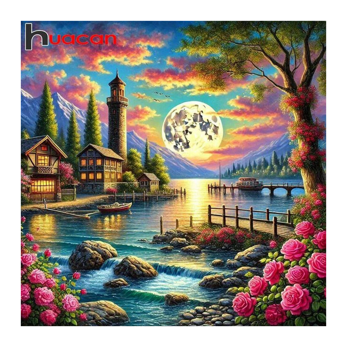 Huacan Diamant-Gemälde mit Rosen, Mond und Landschaft als quadratisches Diamant-Mosaik zur Wandgestaltung - Bild 1