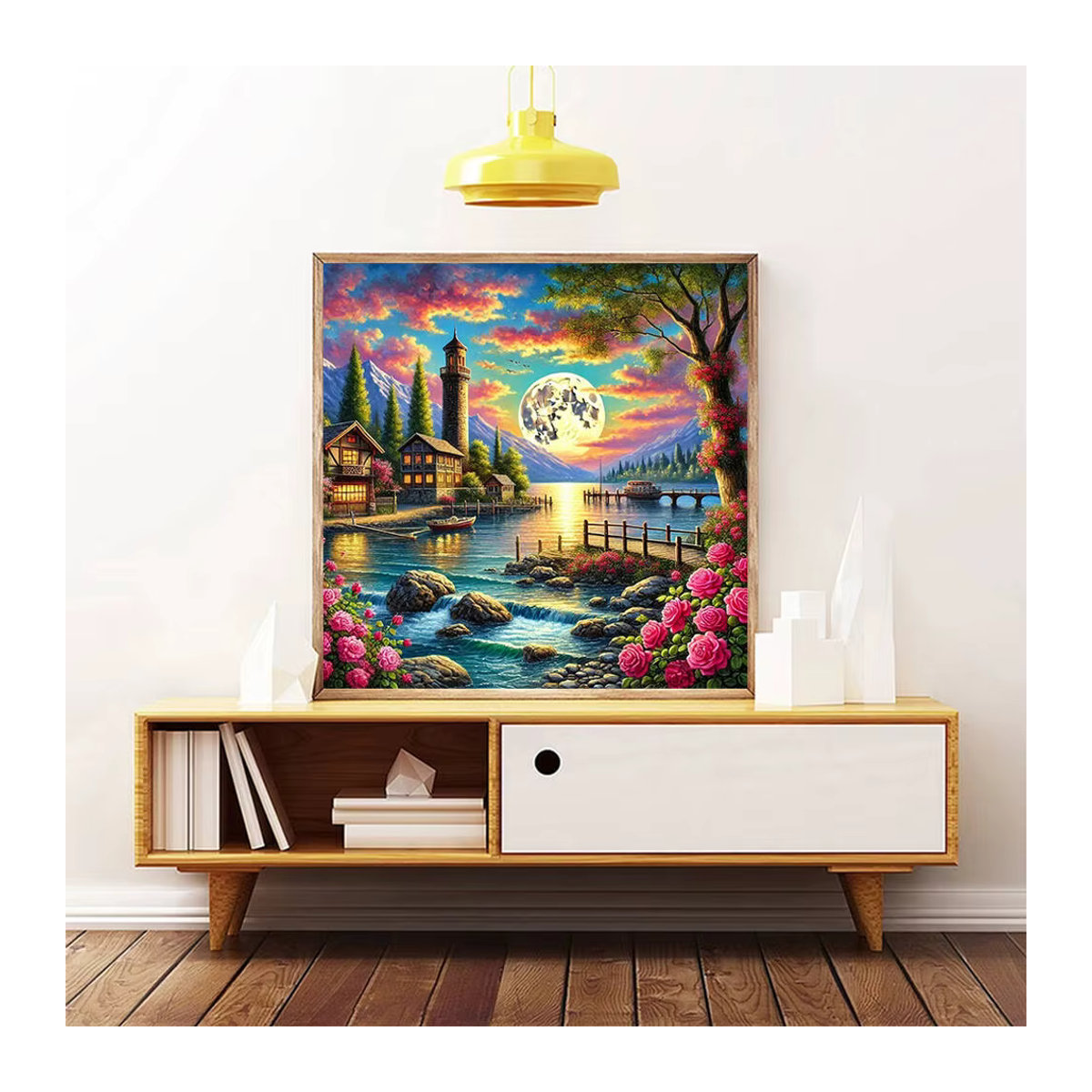 Huacan Diamant-Gemälde mit Rosen, Mond und Landschaft als quadratisches Diamant-Mosaik zur Wandgestaltung - Bild 3