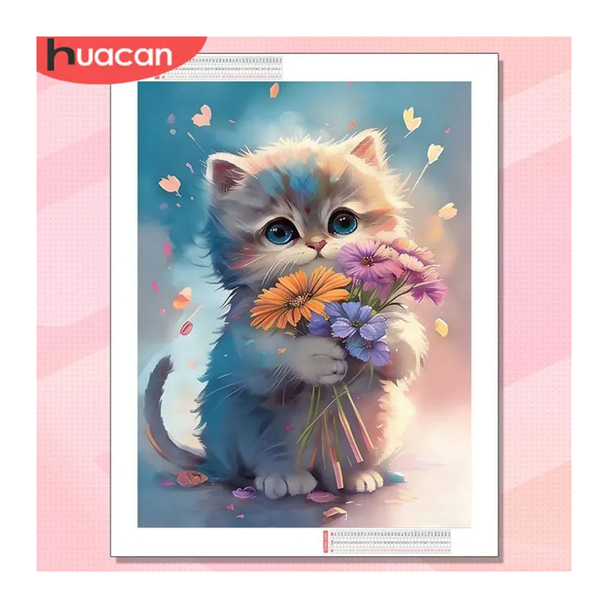 HUACAN Diamant-Kunstgemälde mit Katze und Gänseblümchen, mehrfarbiges Mosaik-Tier- und Blumenmotiv zur Wanddekoration, quadratisch oder rund - Bild 1