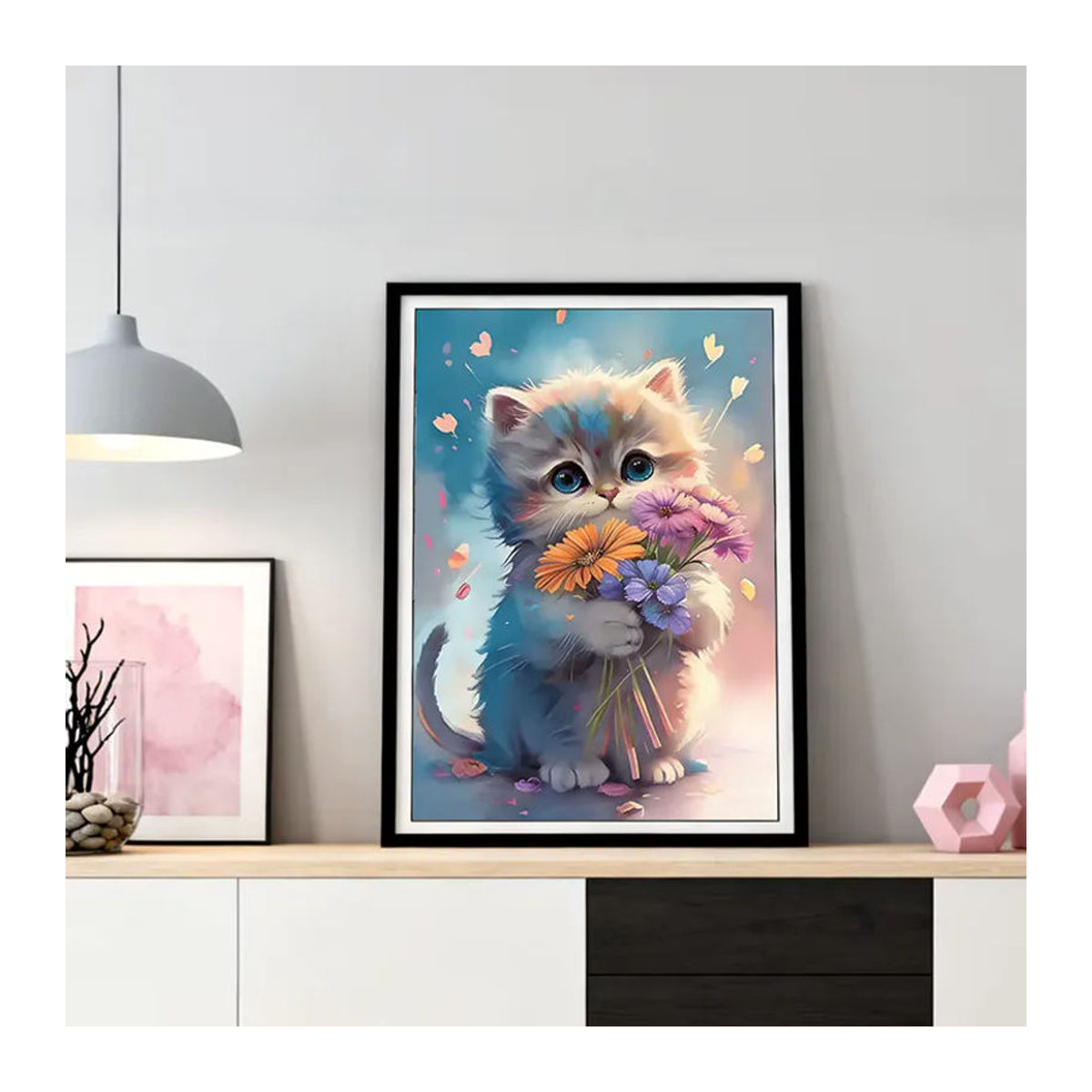 HUACAN Diamant-Kunstgemälde mit Katze und Gänseblümchen, mehrfarbiges Mosaik-Tier- und Blumenmotiv zur Wanddekoration, quadratisch oder rund - Bild 3