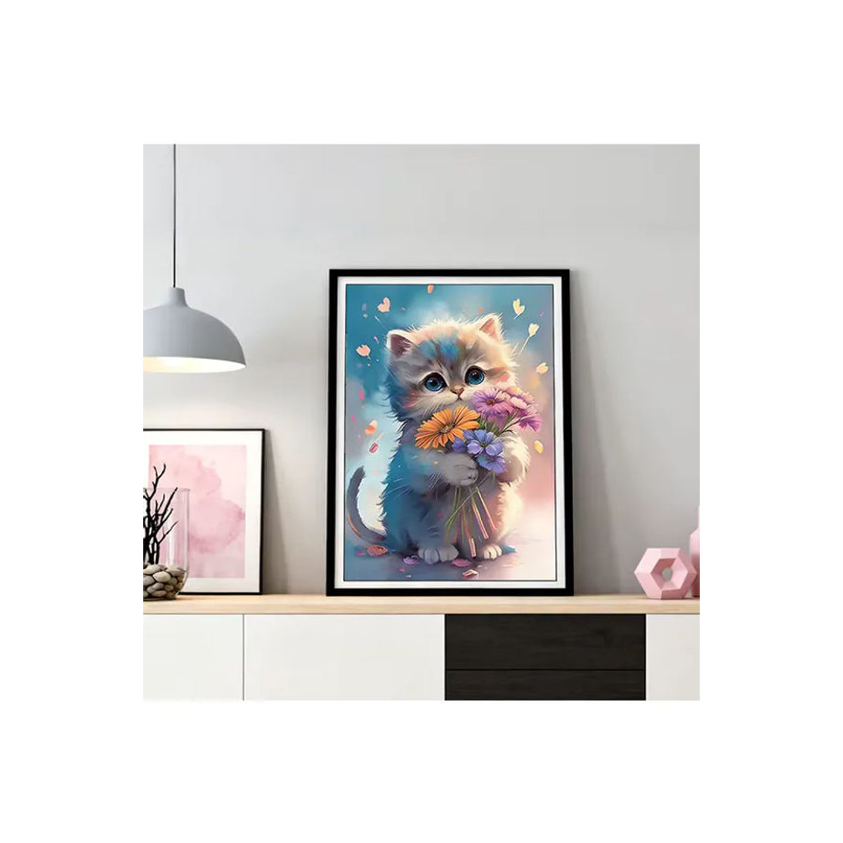 HUACAN Diamant-Kunstgemälde mit Katze und Gänseblümchen, mehrfarbiges Mosaik-Tier- und Blumenmotiv zur Wanddekoration, quadratisch oder rund - Bild 4