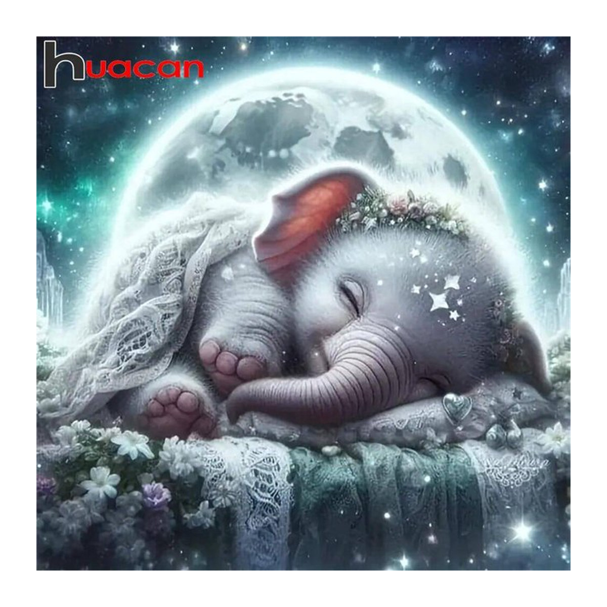 Huacan Diamant-Malerei Elefant und Mond als rundes Diamant-Mosaik in Mehrfarbig für deine Wandkunst - Bild 1
