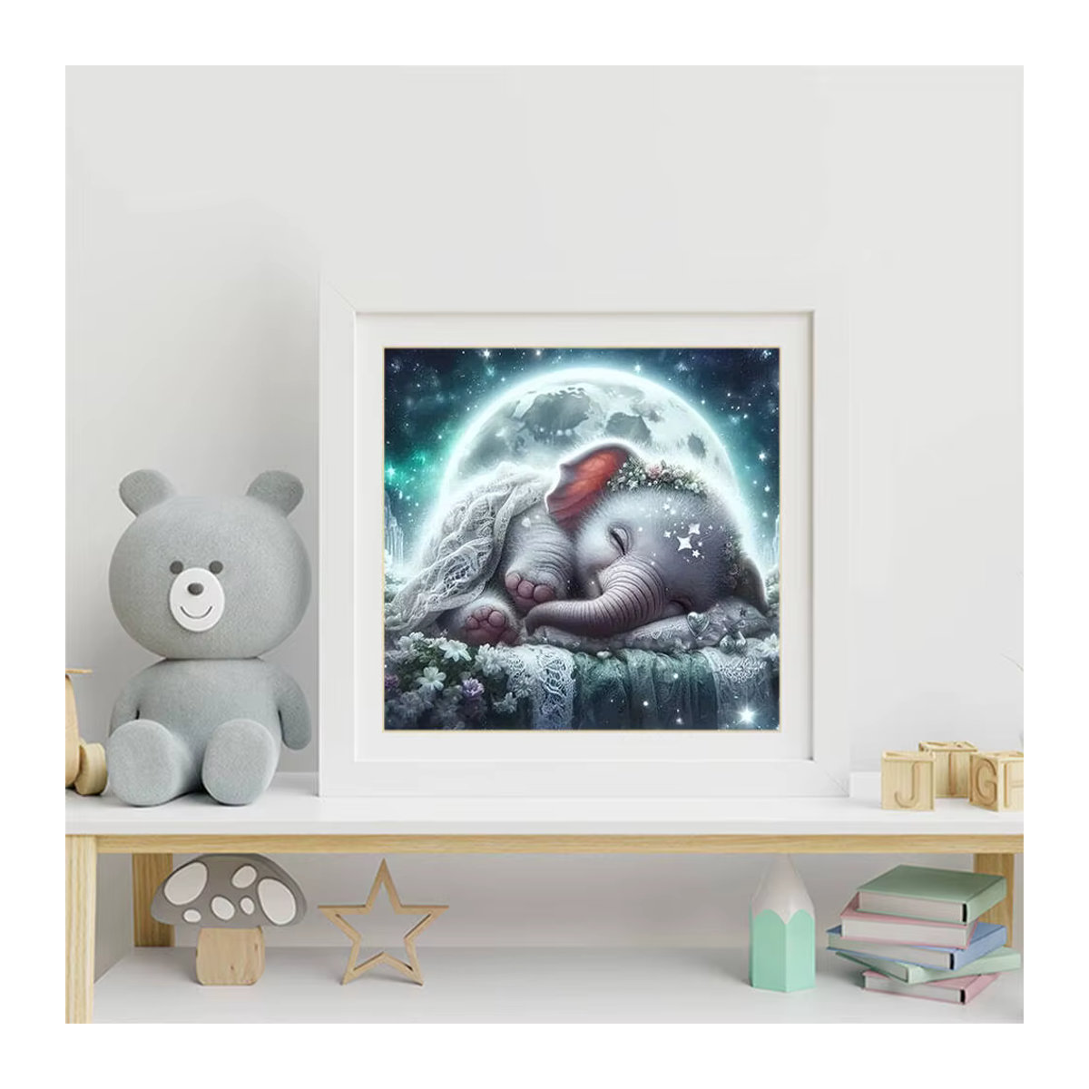 Huacan Diamant-Malerei Elefant und Mond als rundes Diamant-Mosaik in Mehrfarbig für deine Wandkunst - Bild 3