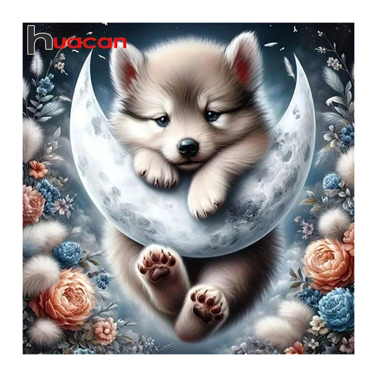 Huacan Diamant-Malerei Hund mit Mond und Blumen als mehrfarbiges Diamant-Mosaik-Kunsthandwerk für dein Zuhause - Bild 1