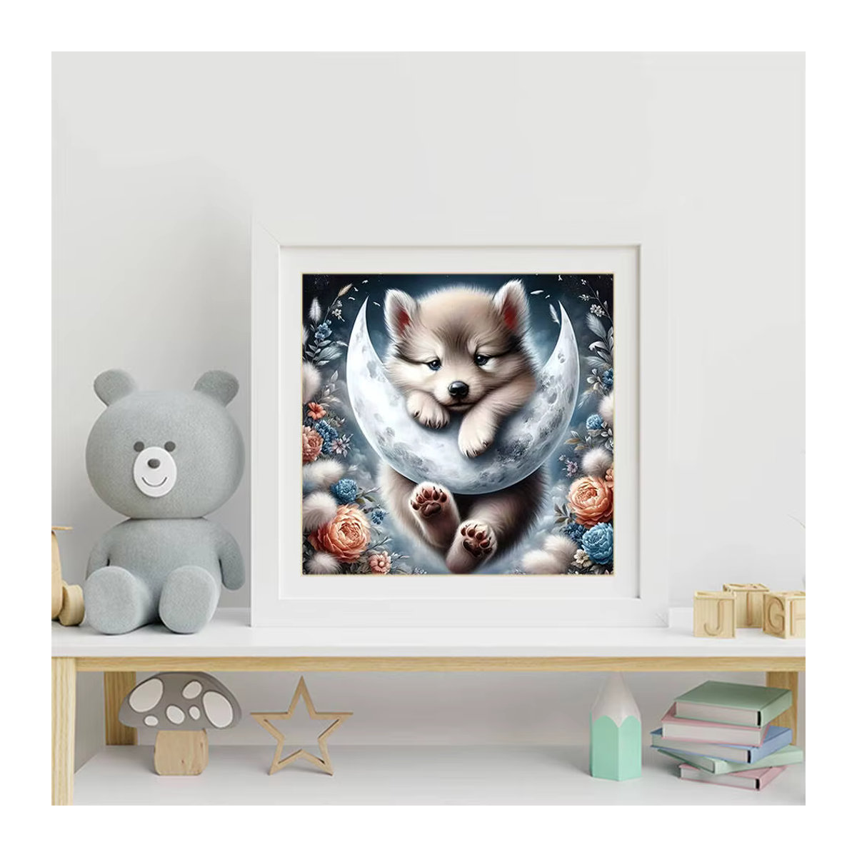 Huacan Diamant-Malerei Hund mit Mond und Blumen als mehrfarbiges Diamant-Mosaik-Kunsthandwerk für dein Zuhause - Bild 3