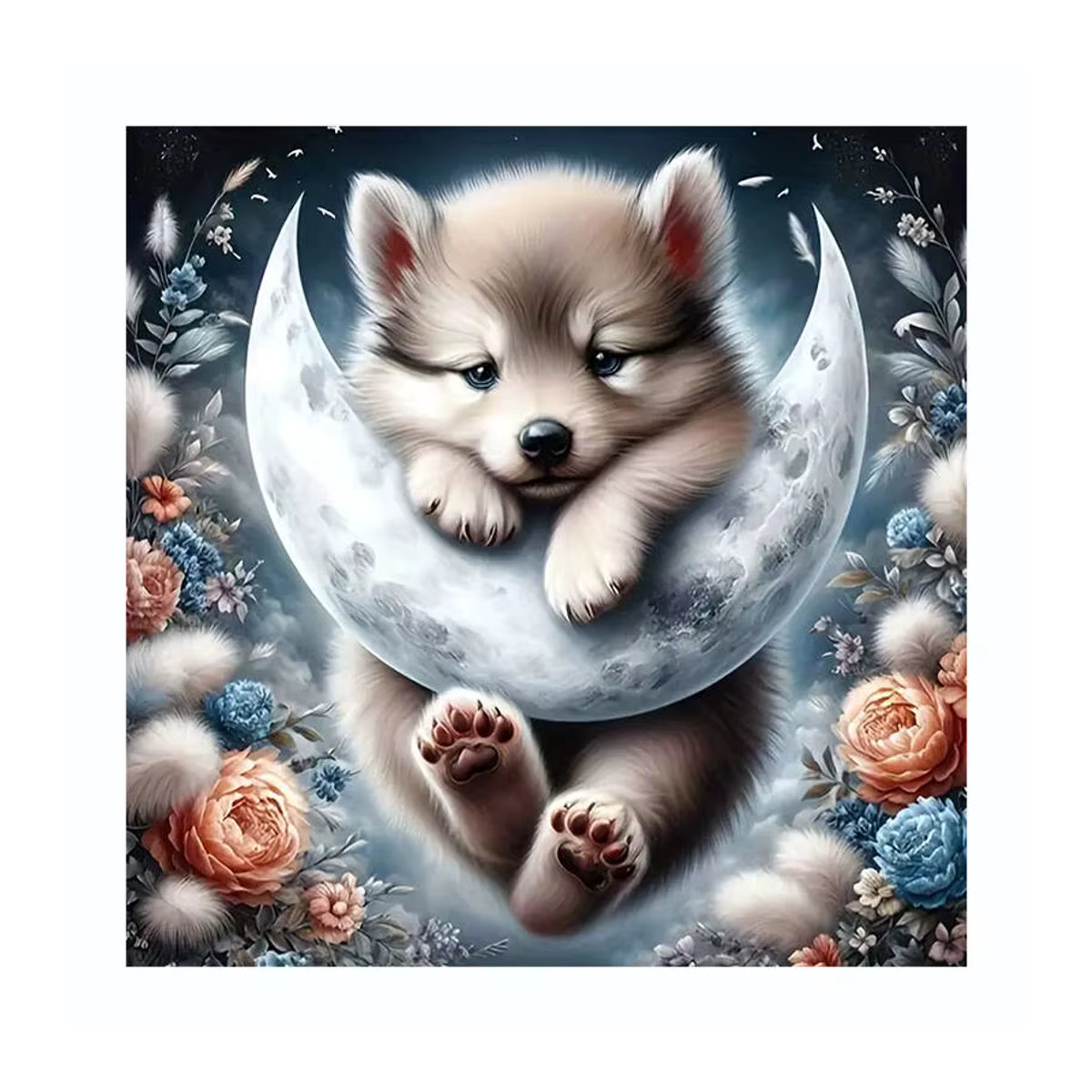 Huacan Diamant-Malerei Hund mit Mond und Blumen als mehrfarbiges Diamant-Mosaik-Kunsthandwerk für dein Zuhause - Bild 4