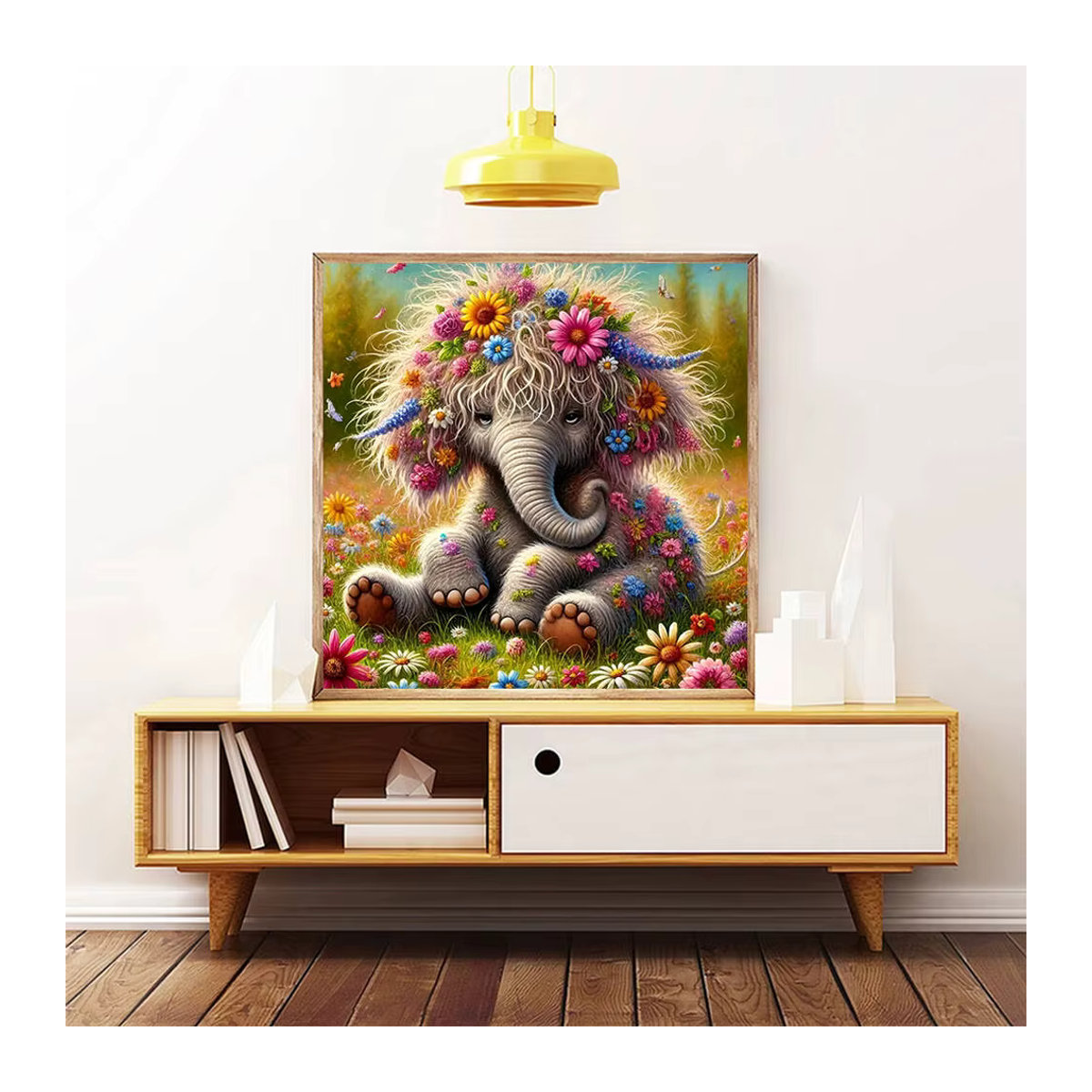 Huacan Diamant-Malerei-Set Elefant mit Blumen und Landschaft als rundes Diamant-Mosaik in Mehrfarbig - Bild 3