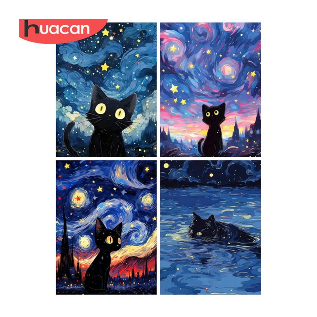HUACAN Diamant-Malerei-Set Katze im Sternenhimmel als rundes Diamant-Mosaik in Mehrfarbig, Breite: 30 cm, Höhe: 40 cm - Bild 1