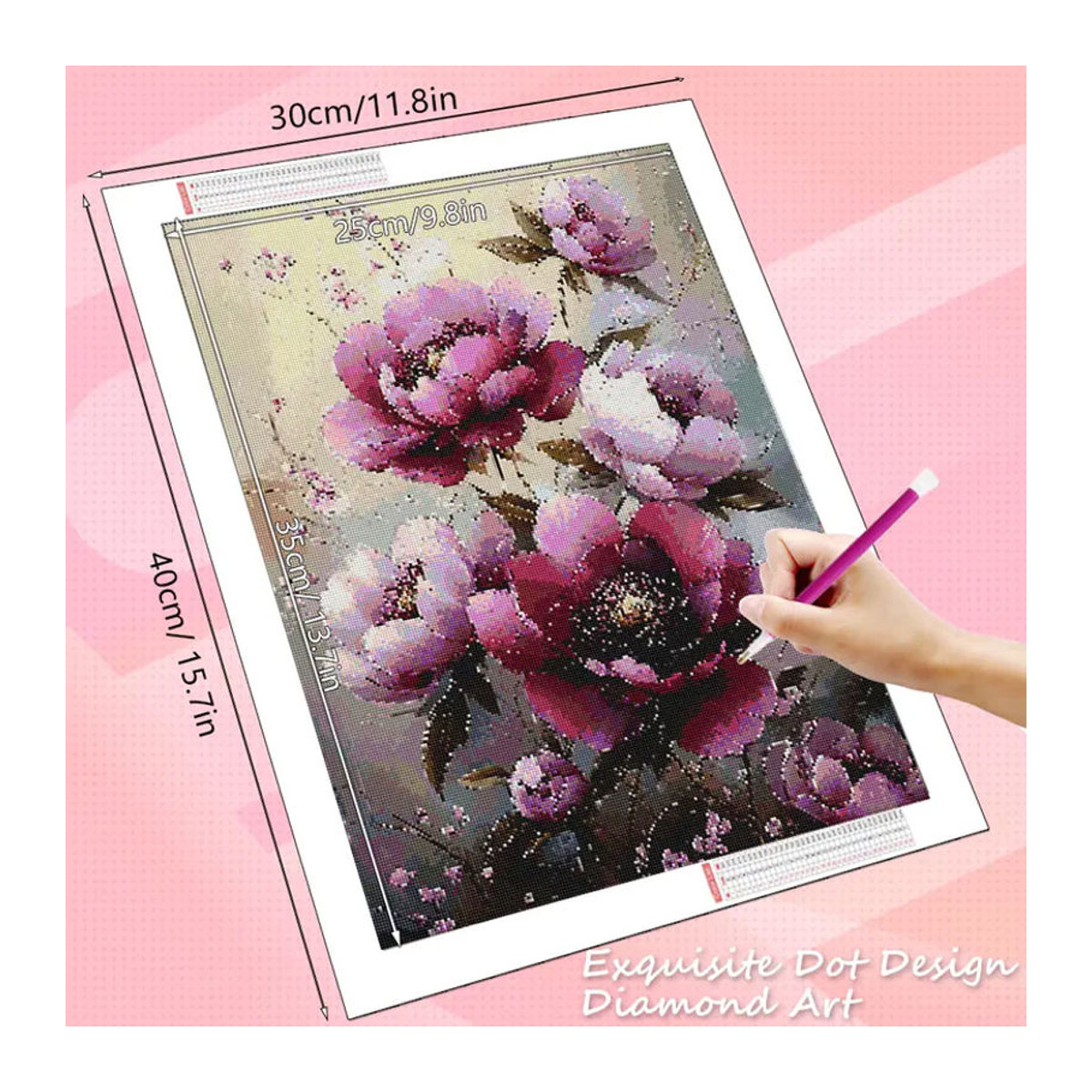 HUACAN Diamant-Malerei-Set Pfingstrosen-Blume in Rosa für Erwachsene, Rundes Mosaik-Kunst-Set zur Wanddekoration - Bild 2