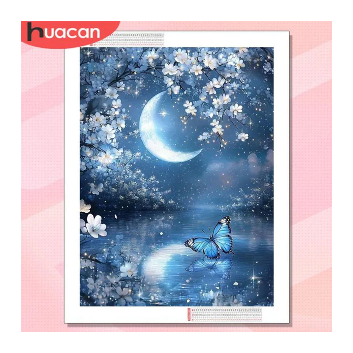 HUACAN Diamant-Mosaik 5D DIY Kunstset Fantasie-Landschaft mit Mond, Schmetterling und Blumen in Blau - Bild 1