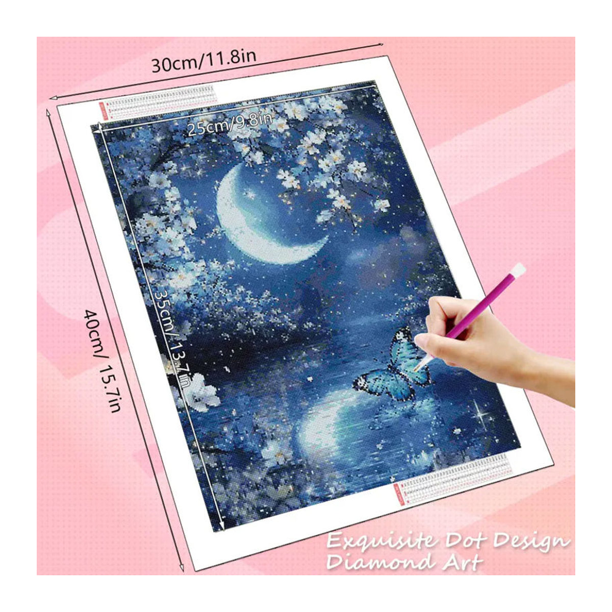 HUACAN Diamant-Mosaik 5D DIY Kunstset Fantasie-Landschaft mit Mond, Schmetterling und Blumen in Blau - Bild 2