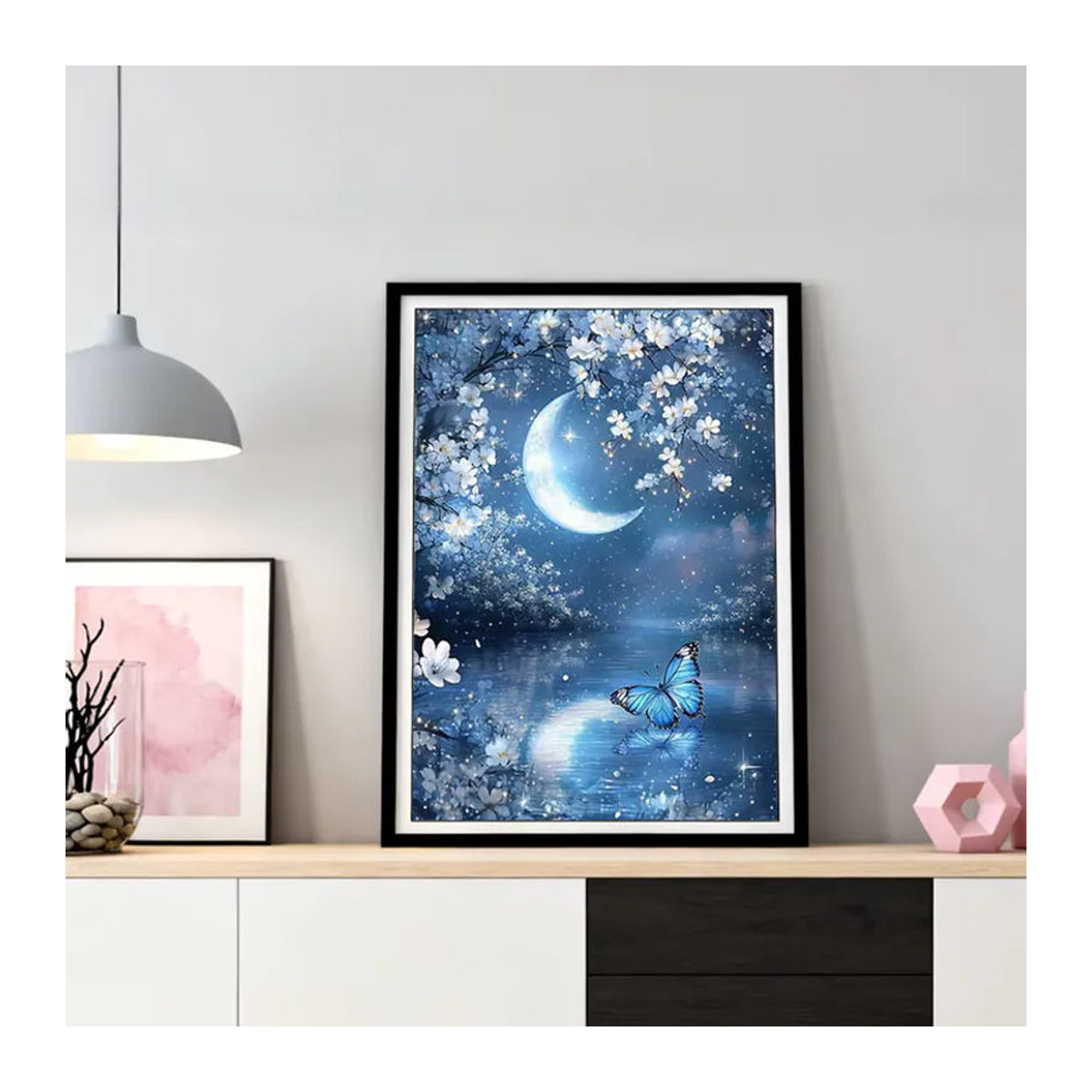 HUACAN Diamant-Mosaik 5D DIY Kunstset Fantasie-Landschaft mit Mond, Schmetterling und Blumen in Blau - Bild 3