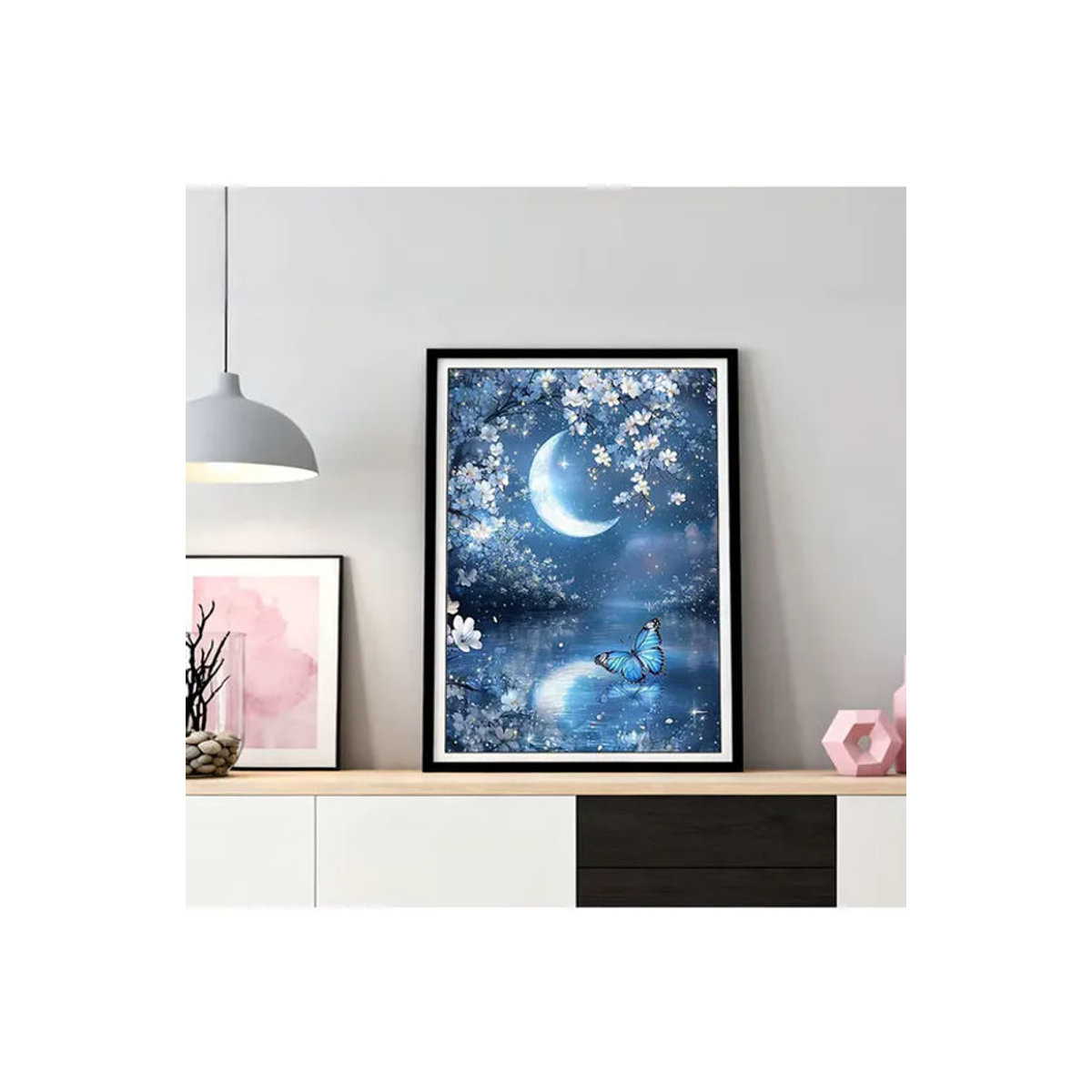 HUACAN Diamant-Mosaik 5D DIY Kunstset Fantasie-Landschaft mit Mond, Schmetterling und Blumen in Blau - Bild 4