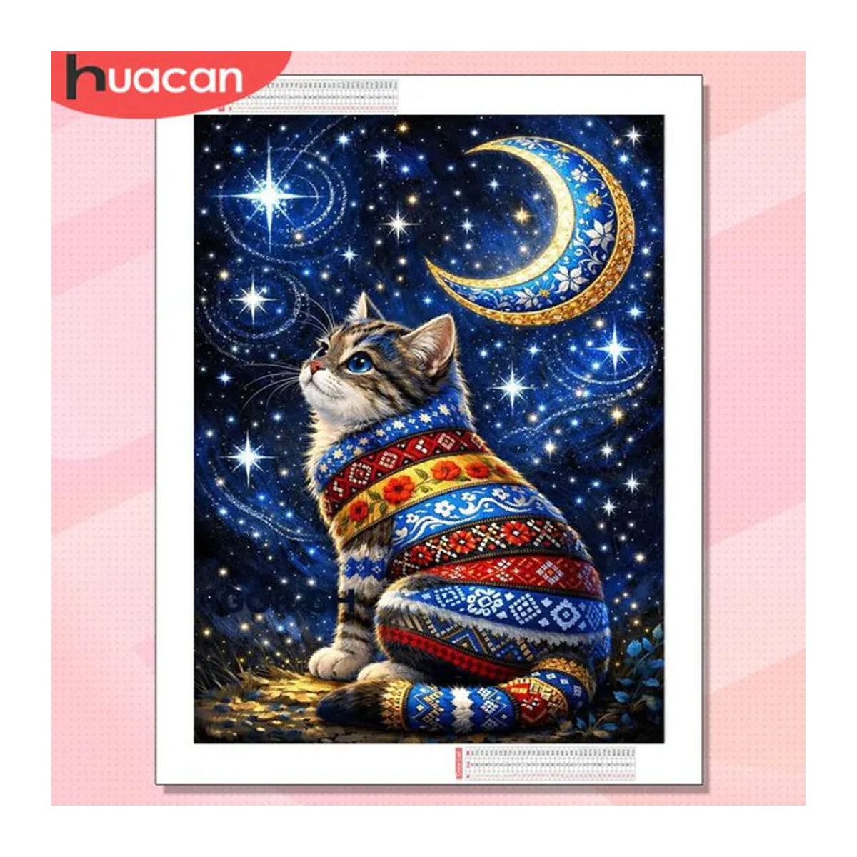HUACAN Diamant-Mosaik 5D Set Katze mit Mond und Sternen, mehrfarbig, Wanddekoration mit Kristall-Strass-Steinen, B/H: 30 x 20 cm - Bild 1