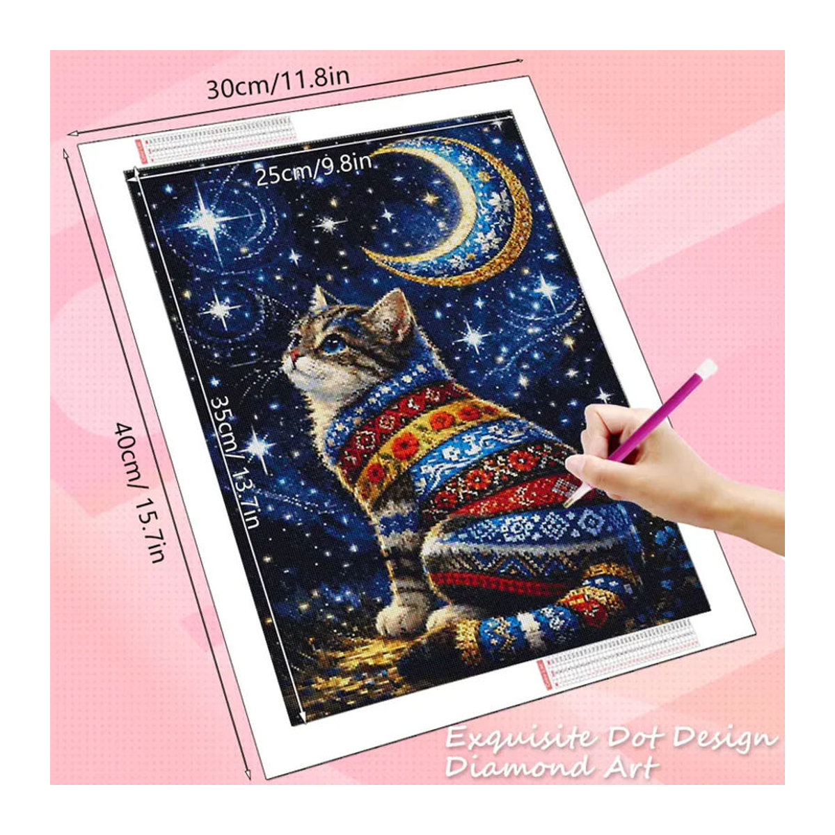 HUACAN Diamant-Mosaik 5D Set Katze mit Mond und Sternen, mehrfarbig, Wanddekoration mit Kristall-Strass-Steinen, B/H: 30 x 20 cm - Bild 2