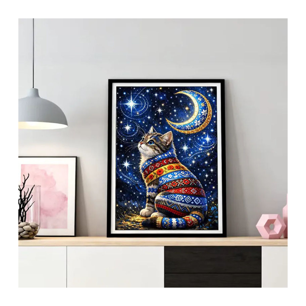 HUACAN Diamant-Mosaik 5D Set Katze mit Mond und Sternen, mehrfarbig, Wanddekoration mit Kristall-Strass-Steinen, B/H: 30 x 20 cm - Bild 3