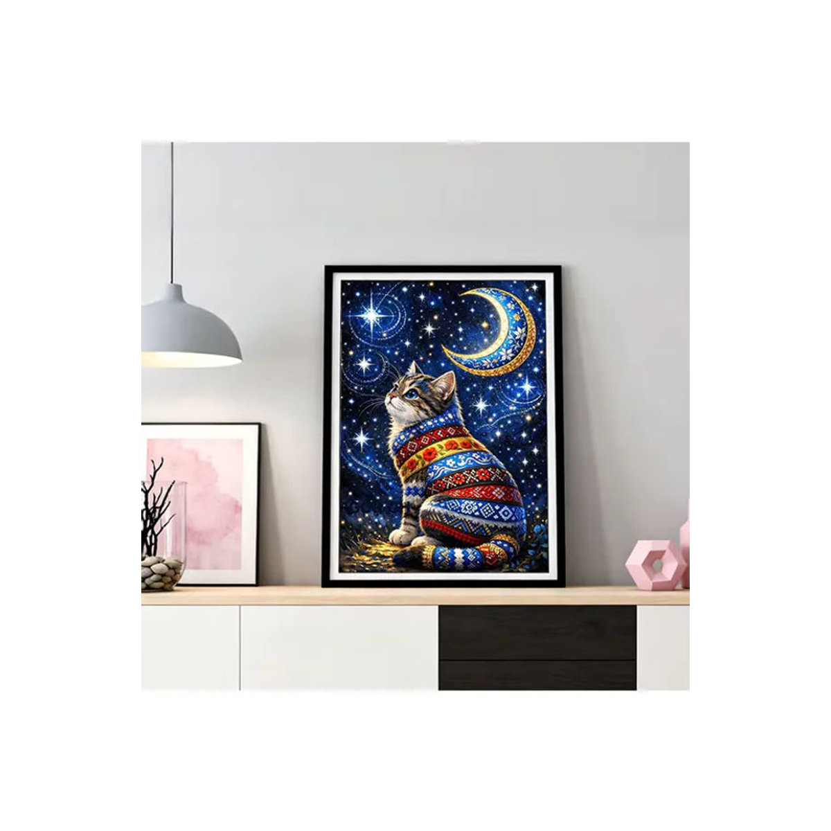 HUACAN Diamant-Mosaik 5D Set Katze mit Mond und Sternen, mehrfarbig, Wanddekoration mit Kristall-Strass-Steinen, B/H: 30 x 20 cm - Bild 4