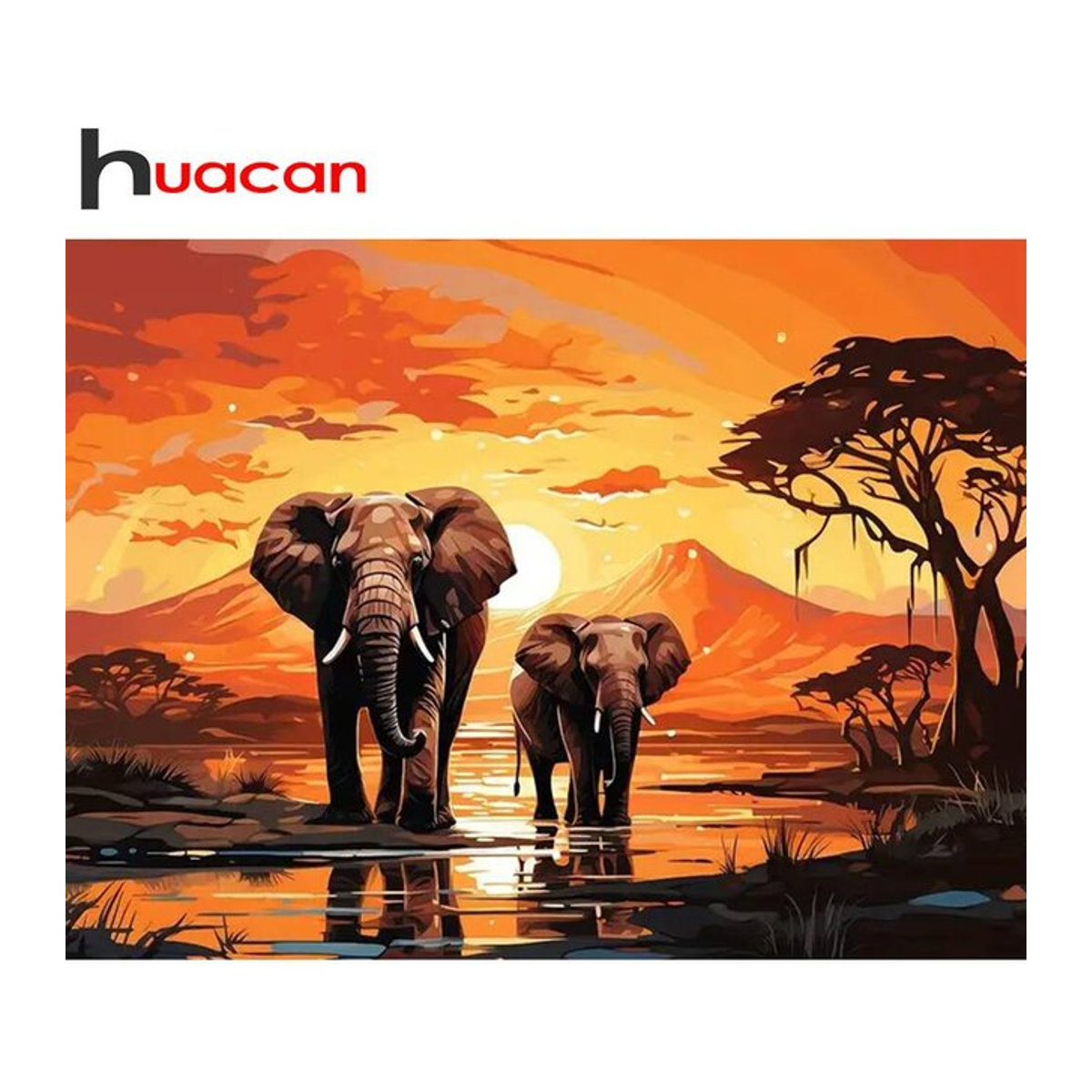 Huacan Diamant-Mosaik Set Elefant in Sonnenuntergang Landschaft, Orange, Rund - Bild 1