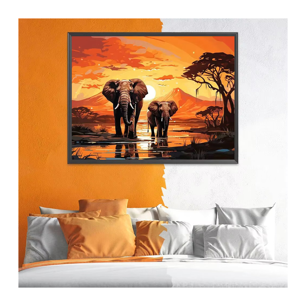 Huacan Diamant-Mosaik Set Elefant in Sonnenuntergang Landschaft, Orange, Rund - Bild 3