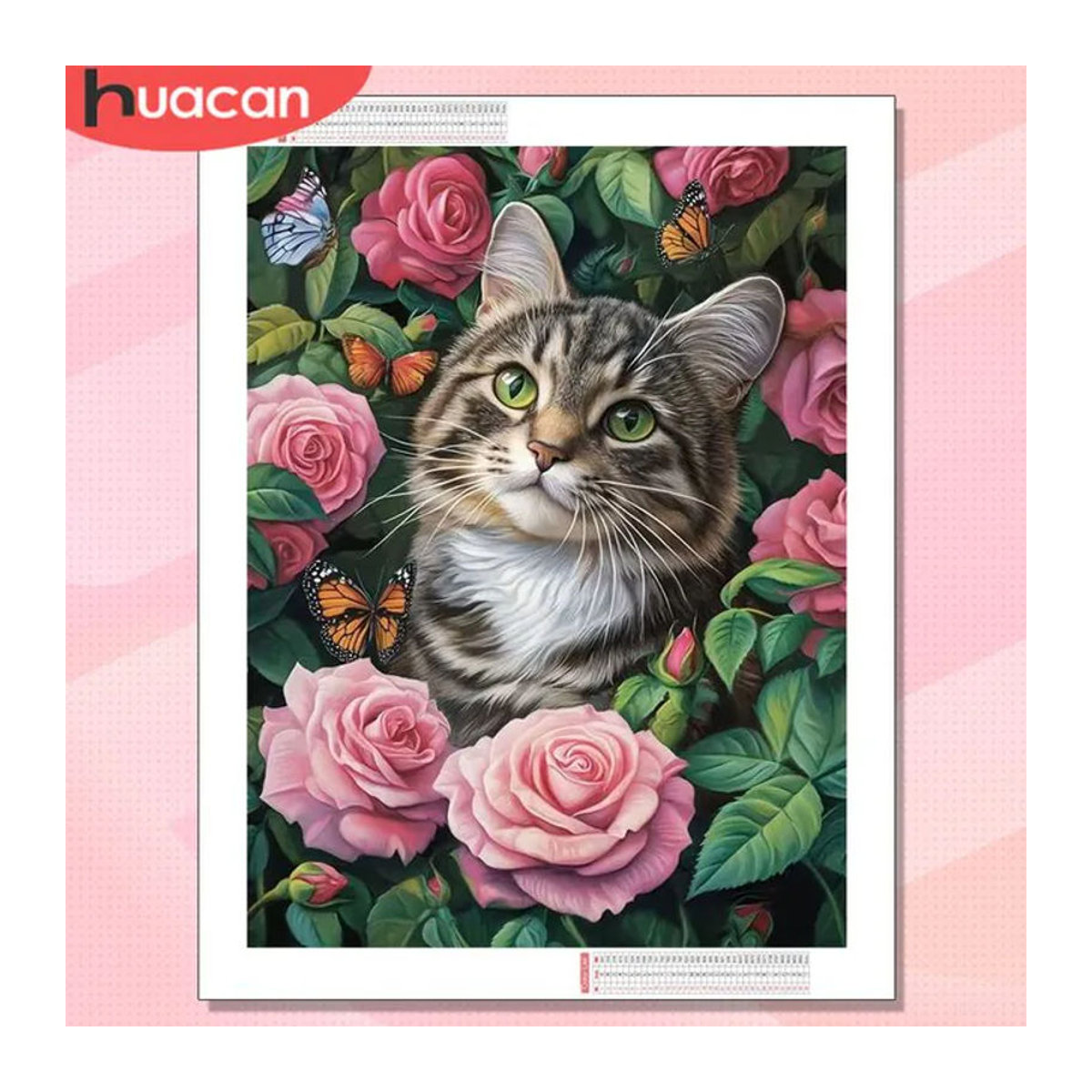 HUACAN Diamant-Mosaik Set mit Katze und Blumen, mehrfarbiges Kunstwerk für die Wanddekoration, inkl. quadratischer und runder Bohrer, Hochformat, Rahmenlos - Bild 1